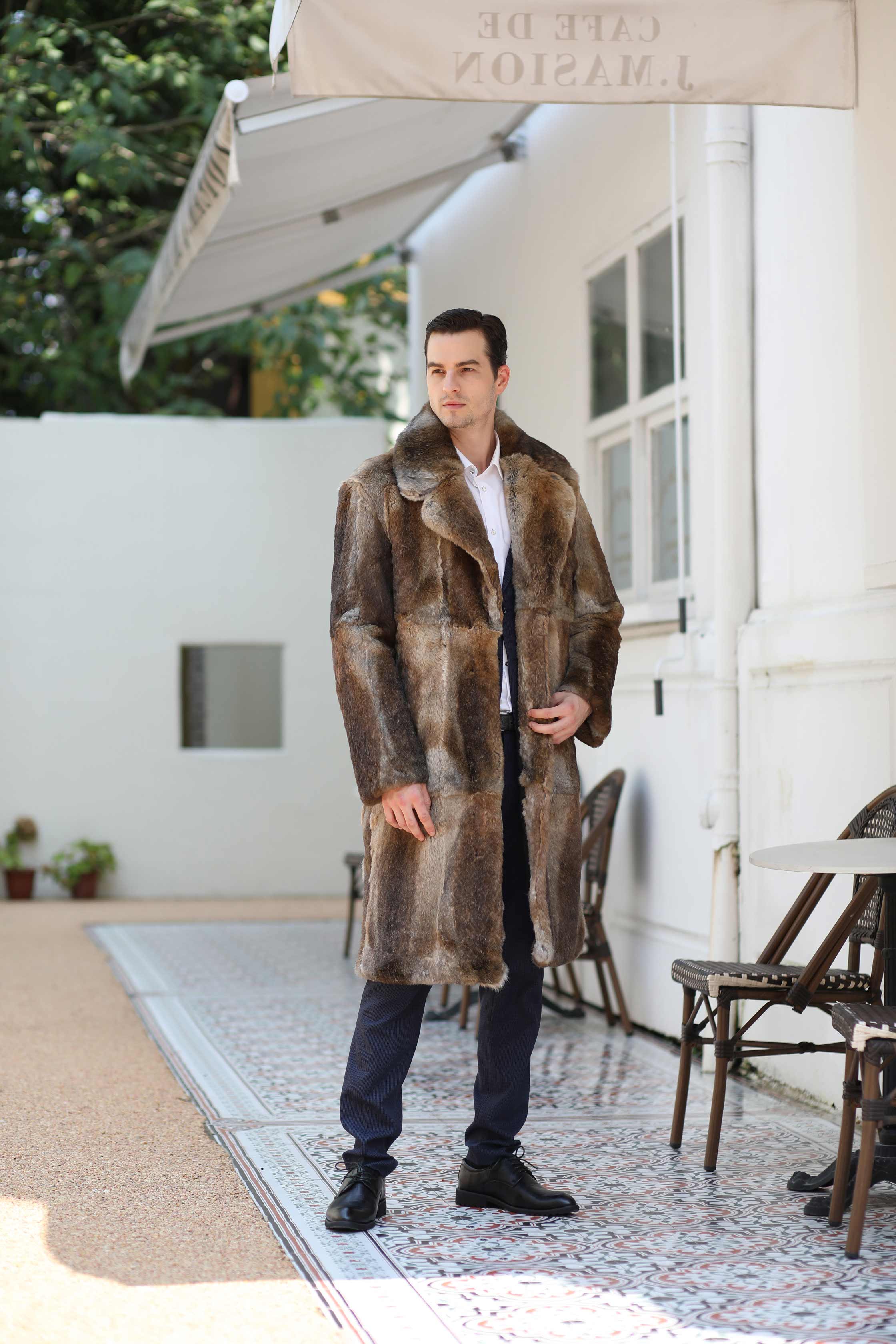 High Quality Men's Real Natural Fur Long Coat With Lapel Men's Rabbit Fur Coat - Janefur