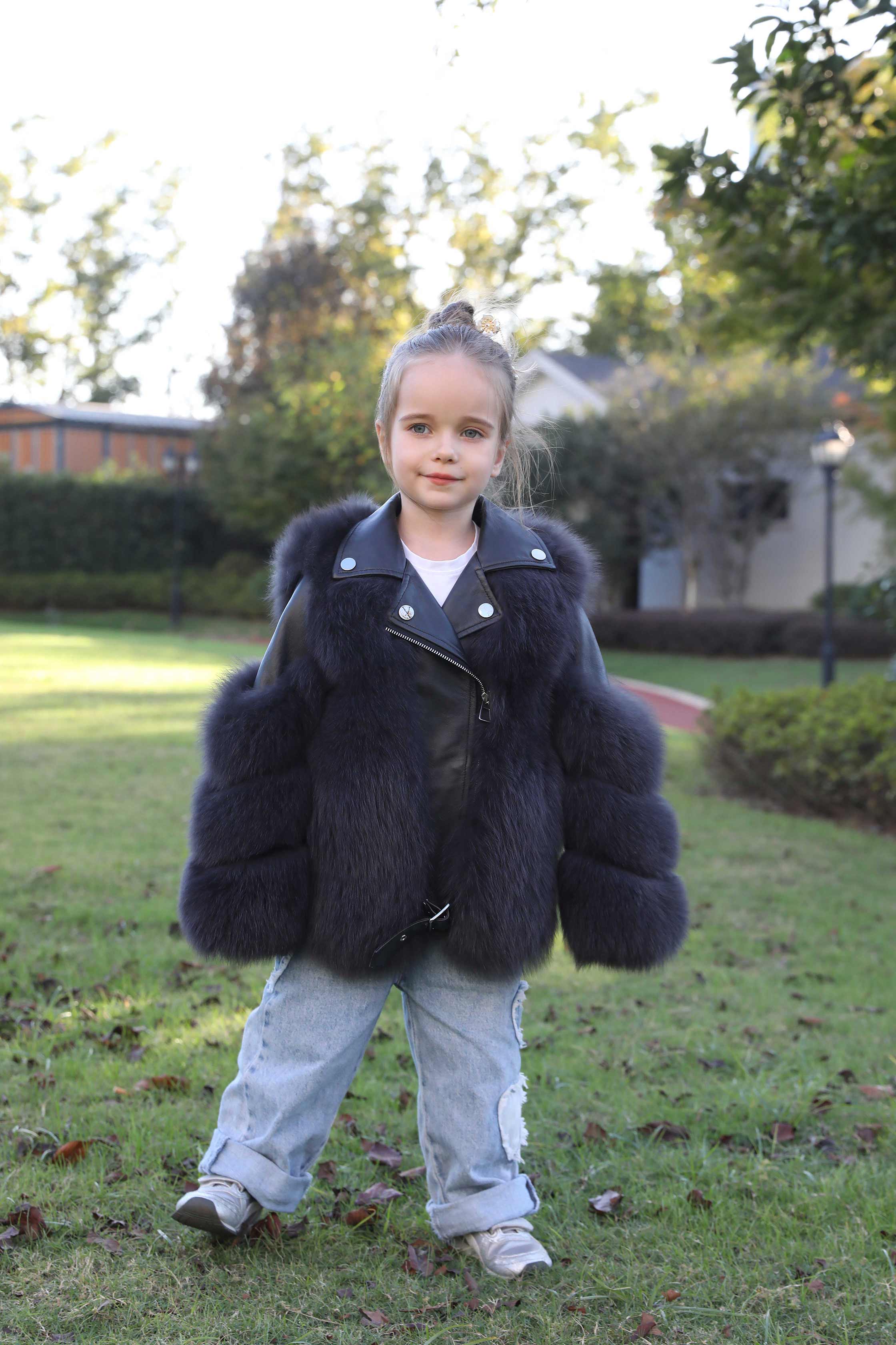 Children's Parent and Child Leather Collar Fox Fur Winter Coat - Janefur