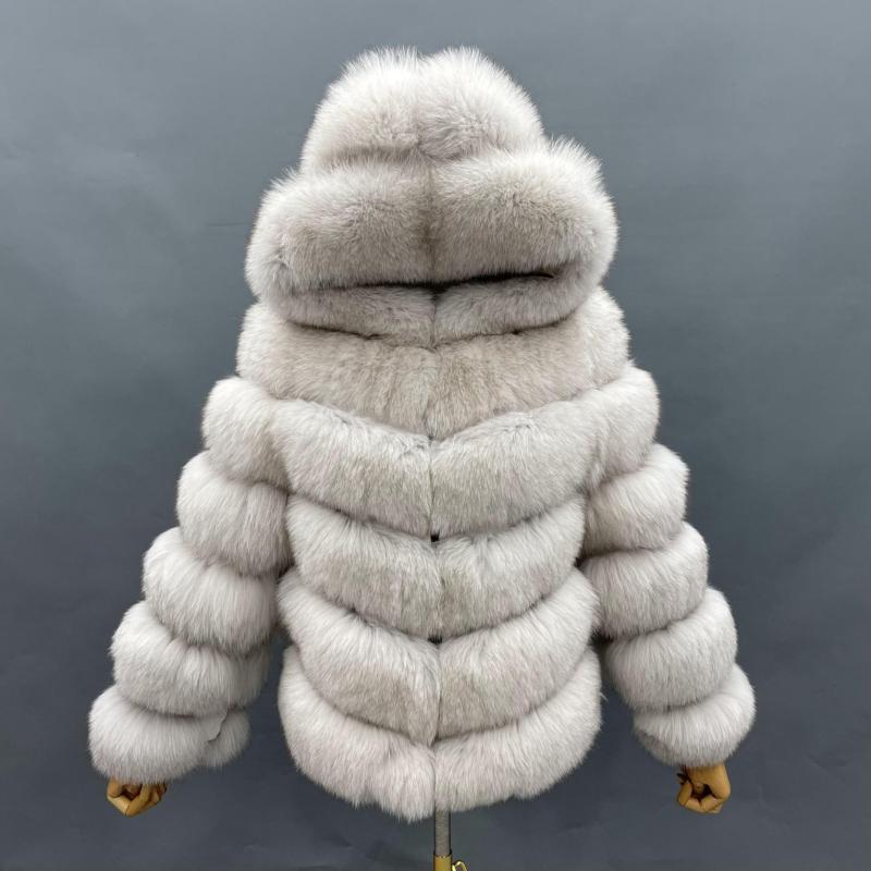 Women's Winter Warm Luxury Fox Leather Jacket Diagonal Stripe Hooded Coat - Janefur
