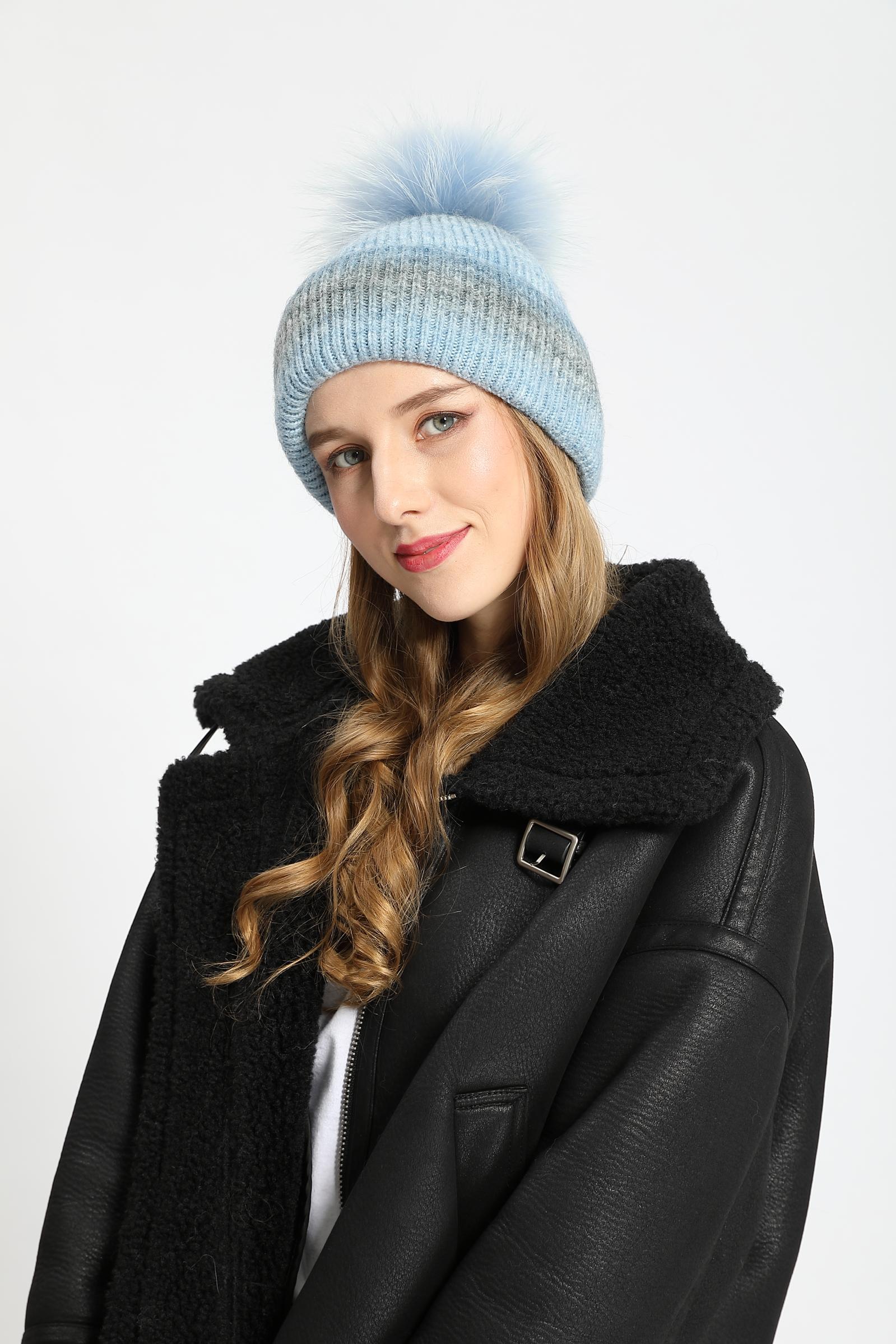 Gradient Wool Hat with Fur Pom Pom Women Hat - Janefur