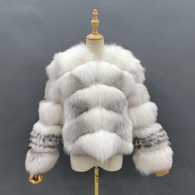 Winter Fox Fur Coat Cross Fox Sleeve Gradient Real Fox Fur Coat - Janefur