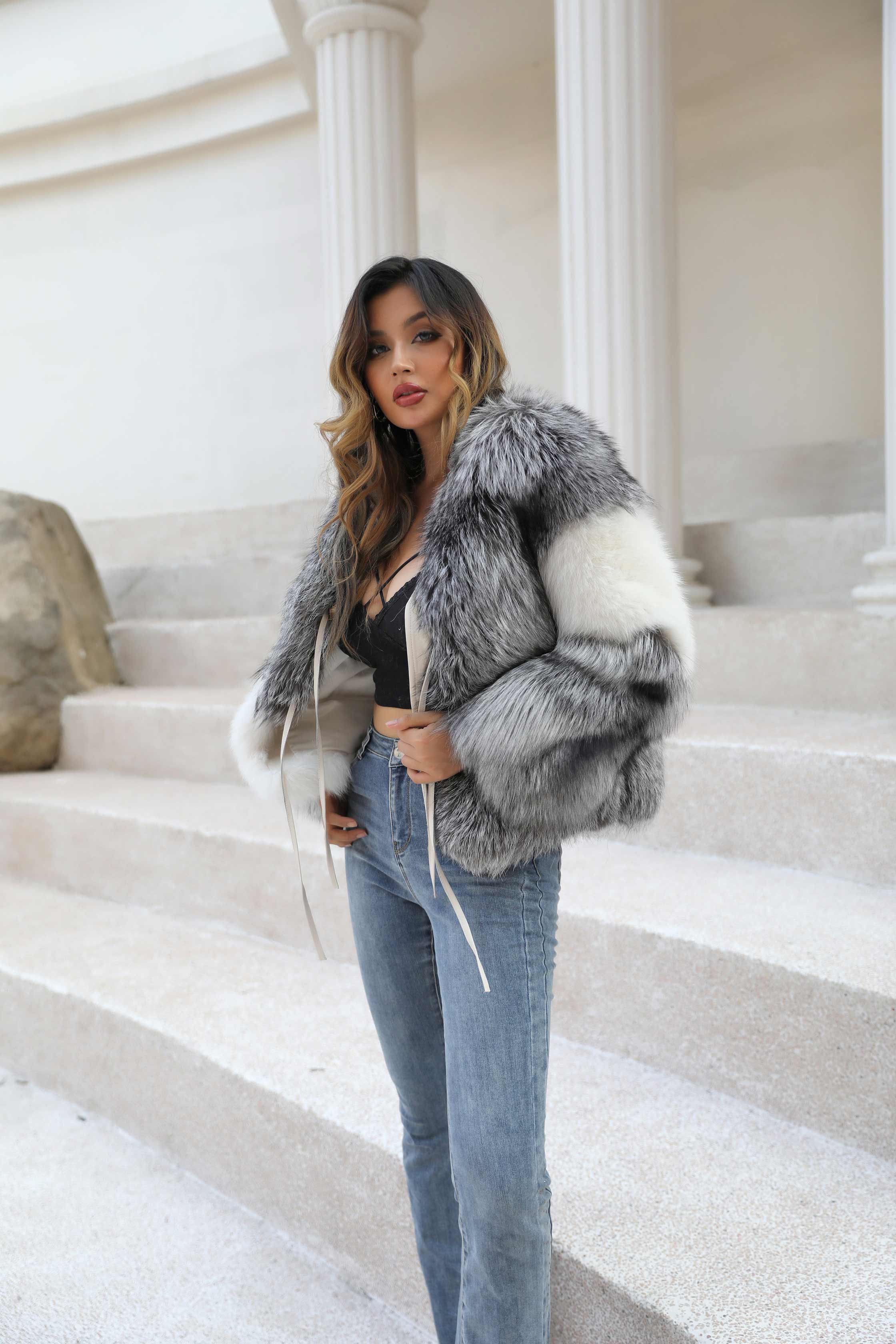 Women's Winter Warm Real Fox Fur Luxury Color Matching Short Coat - Janefur