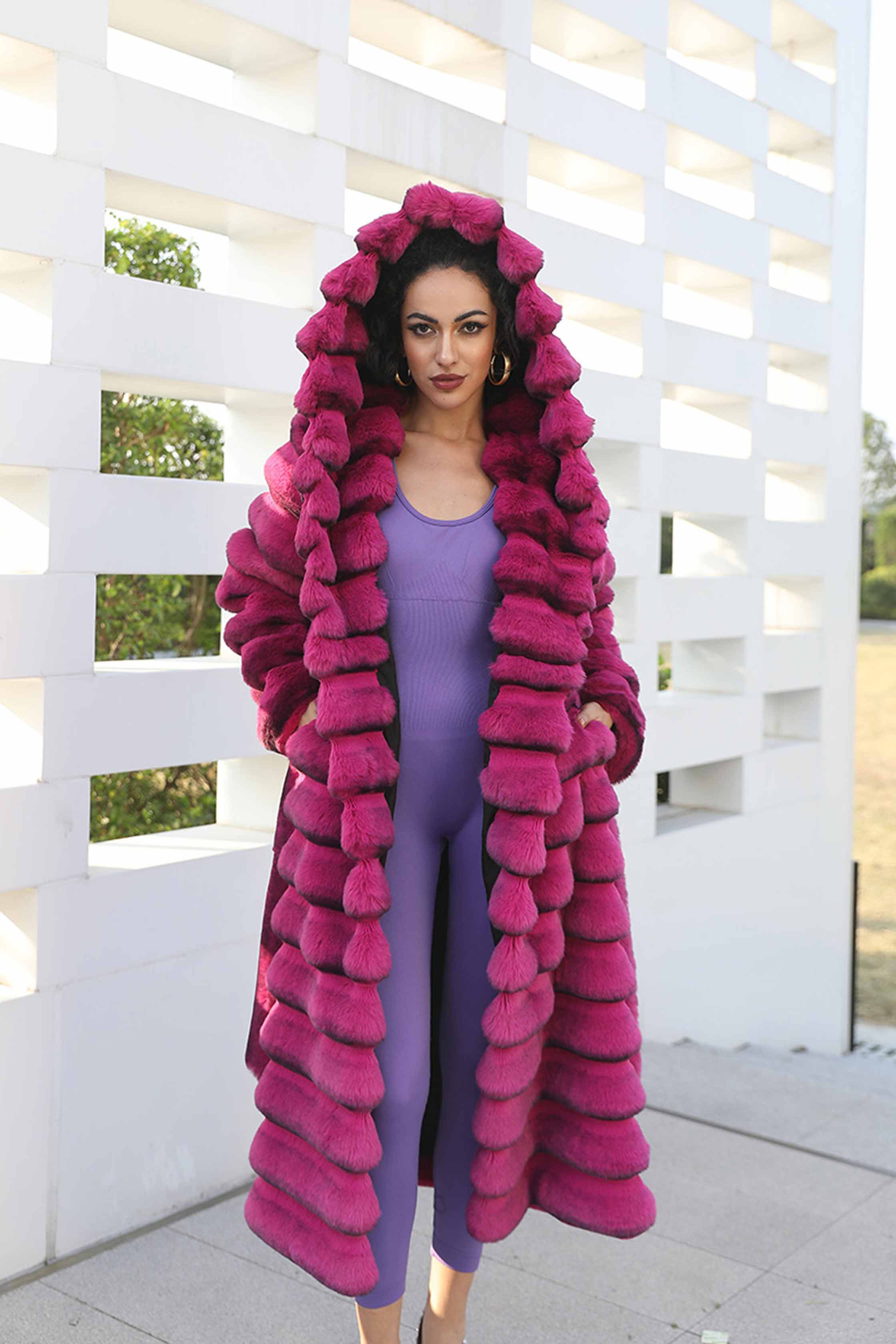 Janefur Fashionable Womens Eco-friendly Fur coat Long Hooded Chinchilla Fake Fur Jacket - Janefur