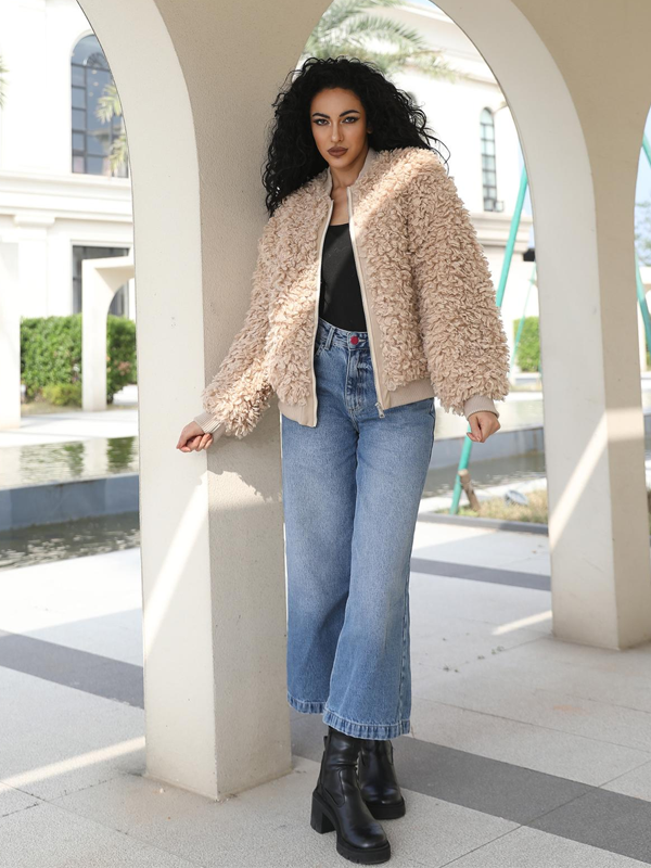 Eco Friendly Wool Baseball Jacket Women's Faux Fur Casual Daily Short Jacket - Janefur