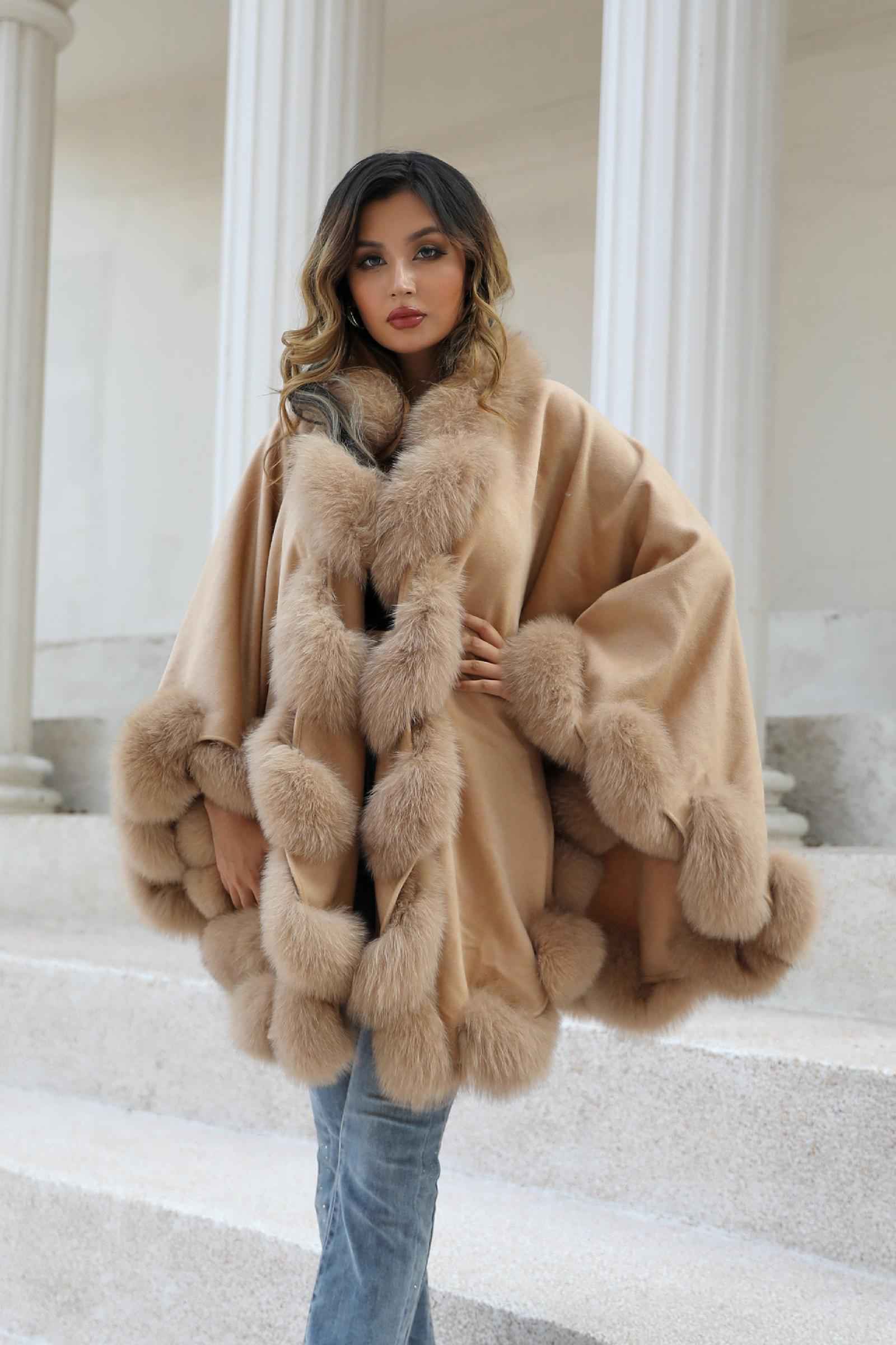 Full Wool Cashmere Cape with Real Fox Fur Fashionable Luxurious Soft Shawl for Women's Coat - Janefur
