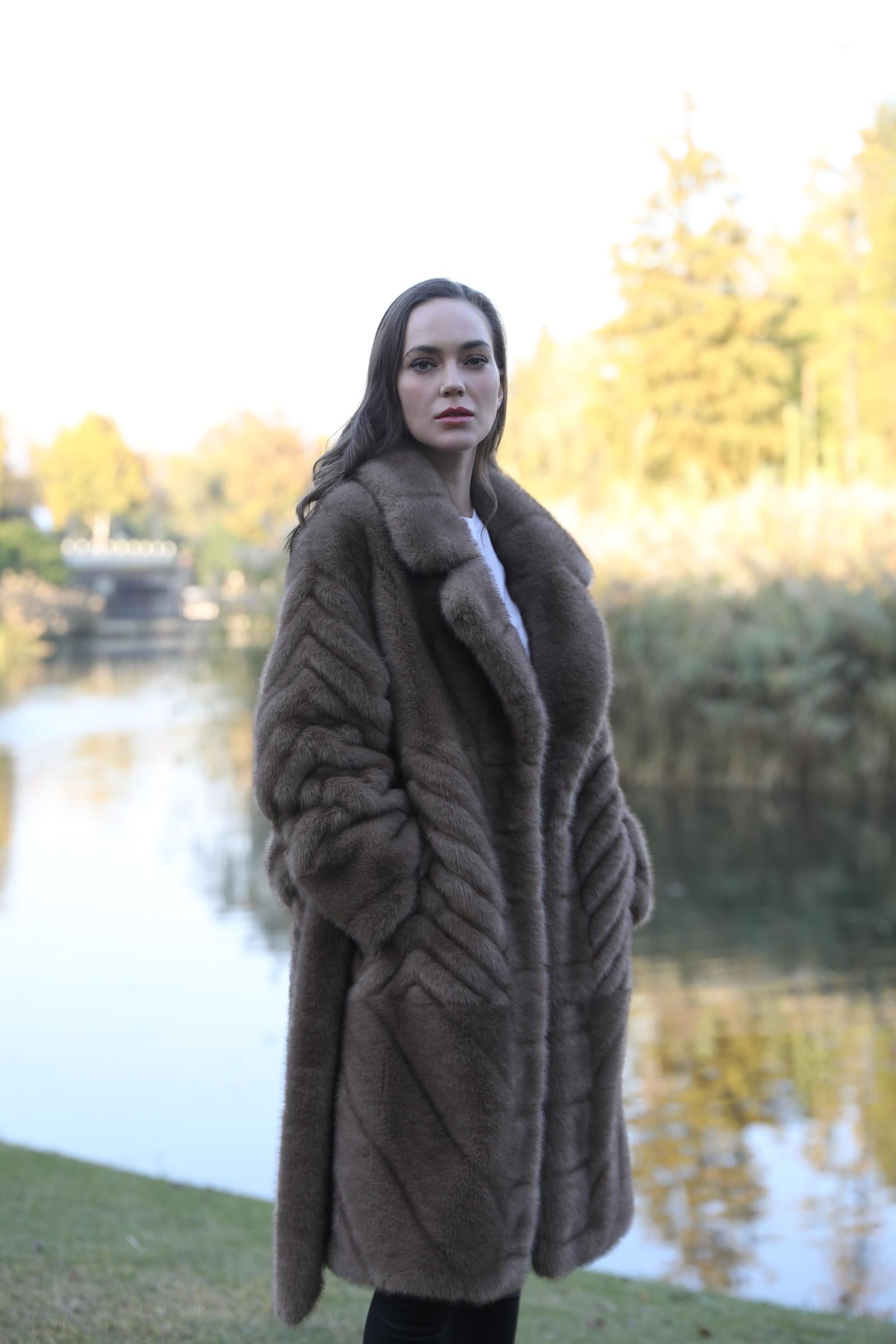 Women's New Fashionable Brown Lace-up Long Faux/Eco Mink Coat - Janefur