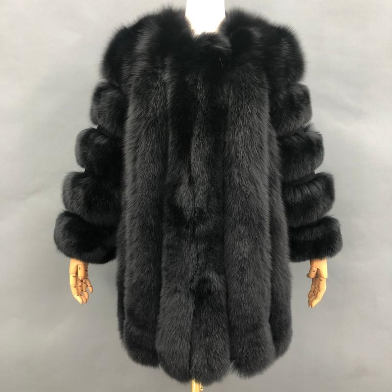 Fashion Women's Long Fox Fur Coat Vertical Stripes Solid Color - Janefur