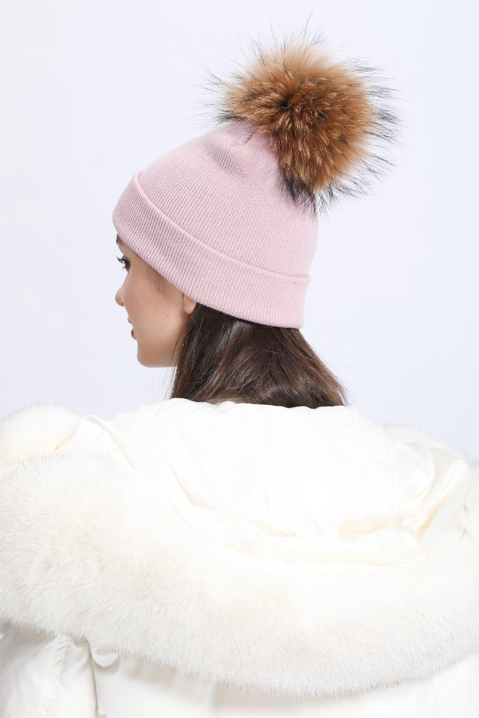 Solid Color Acrylic Knitted Hat with Single Fur Pom Pom Women's Knit Cap - Janefur