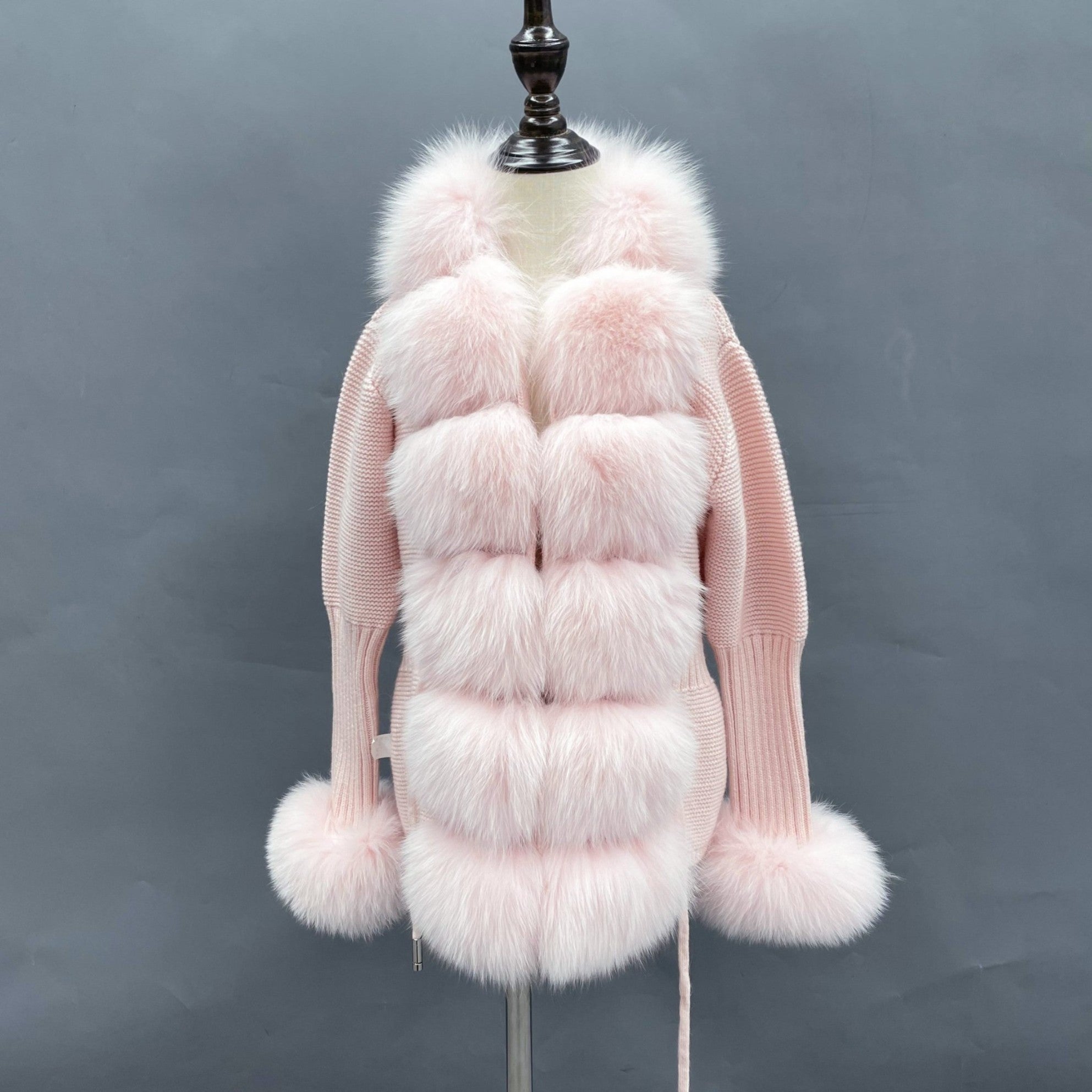 Little Girl's Pink Knitted Children's Coat With Fox Fur Trim - Janefur