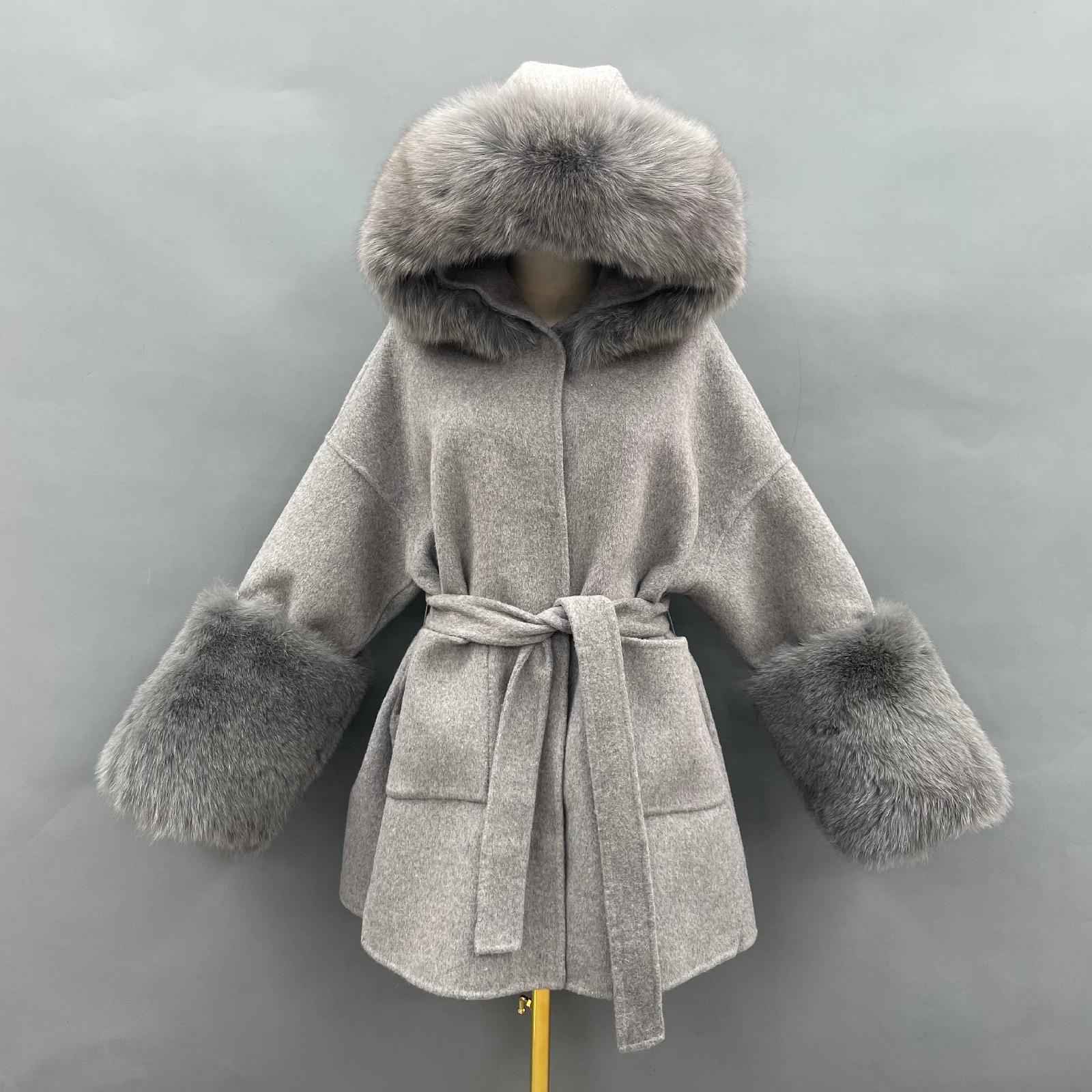 Double-faced Wool Coat Women's Casual Short Style with Cuffed Fur Sleeves, Hood, and Fur Collar Cashmere Jacket - Janefur