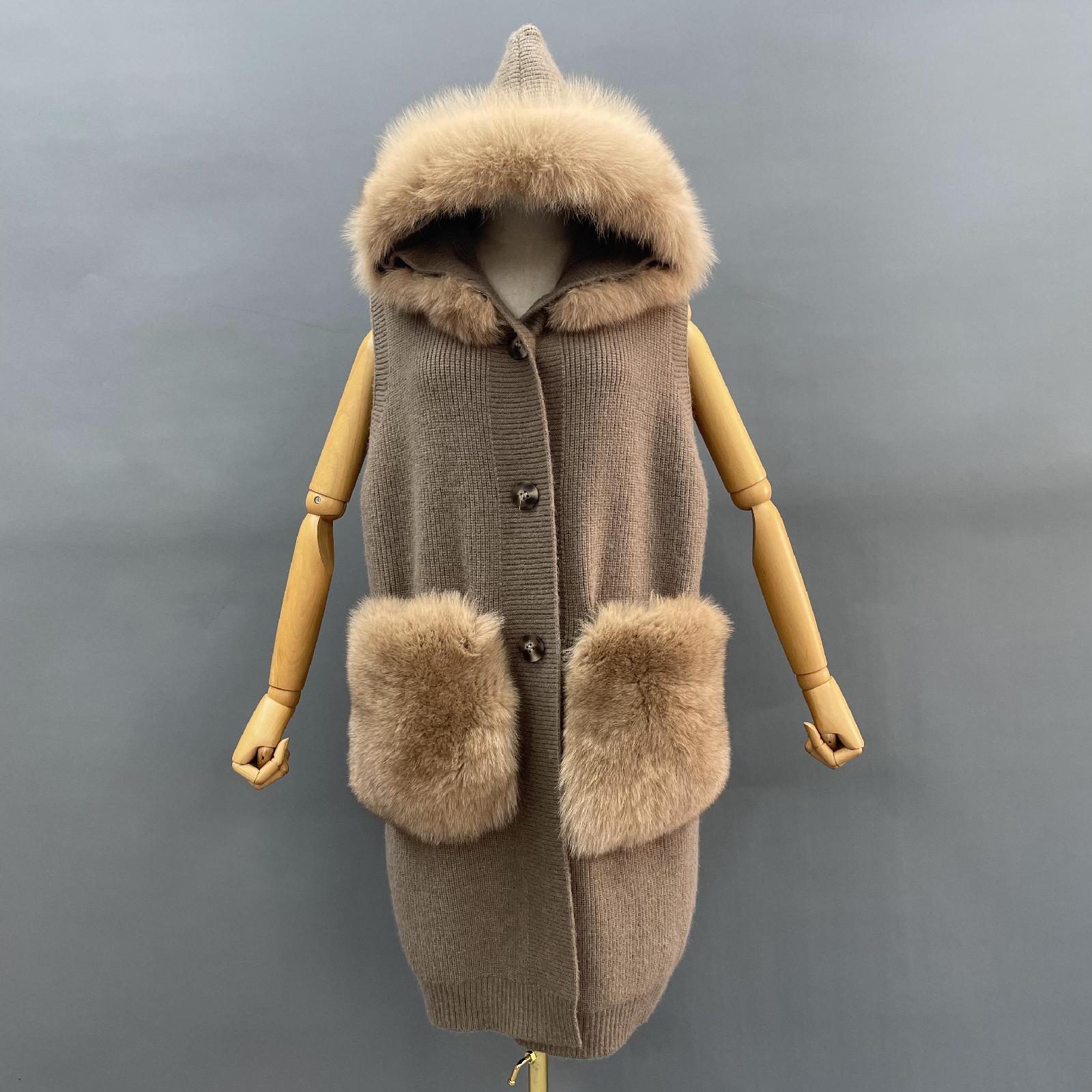 Women's Knitted Sweater Hooded Vest Sleeveless Button Down Cardigan Outwear Top with Pockets - Janefur