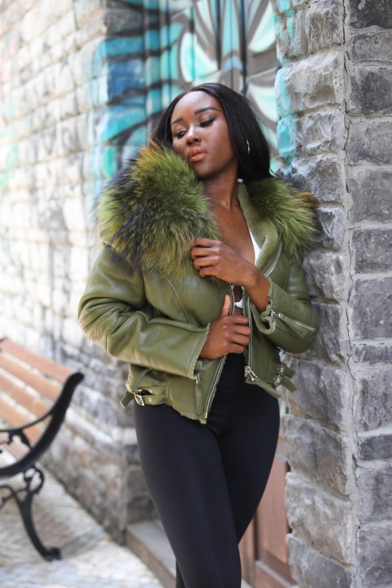 Large Raccoon Fur Collar Leather and Fur Combination - Janefur