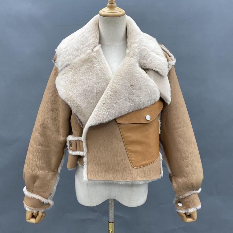 Lamb Fur Leather Jacket For Women With Lapel Pocket - Janefur