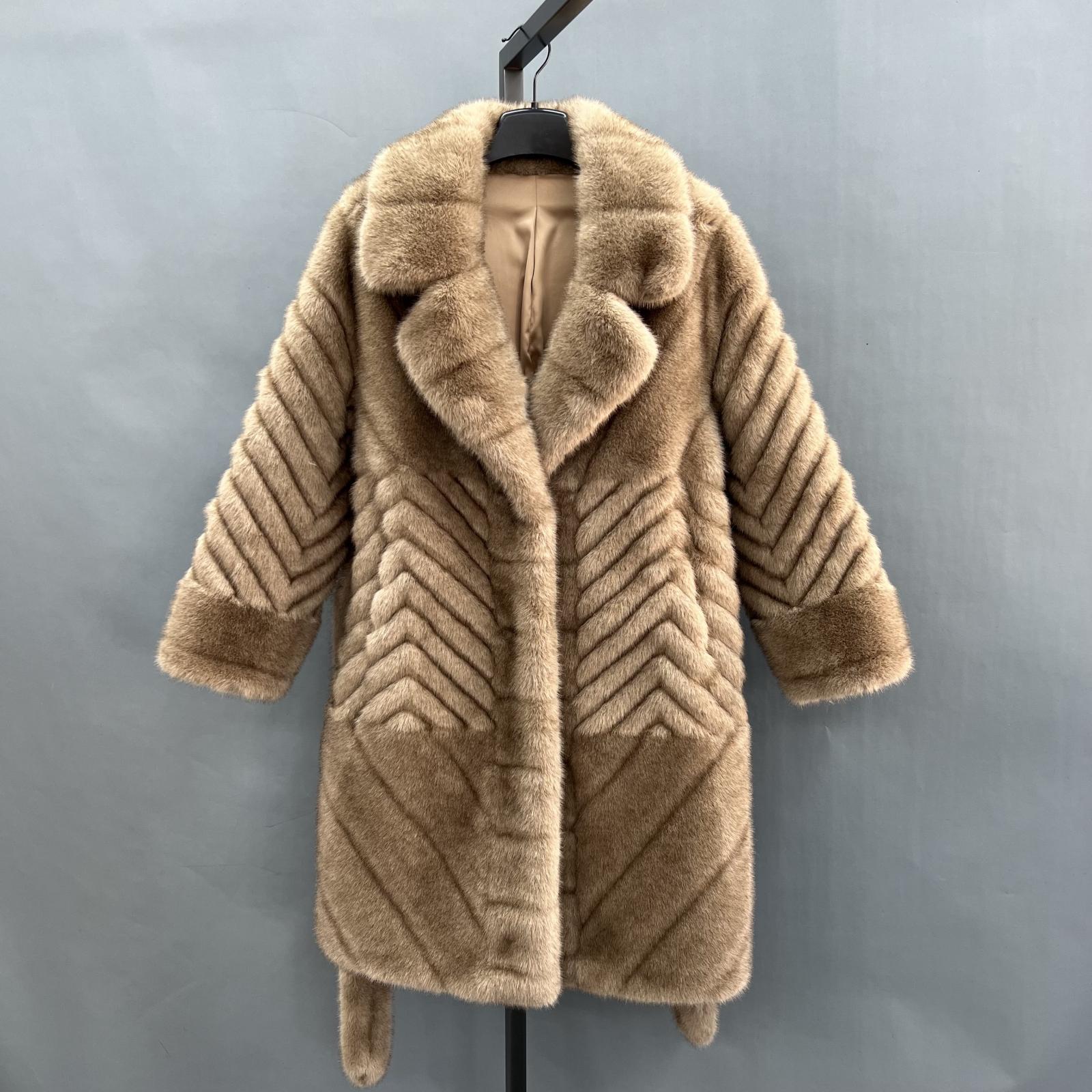 Women's New Fashionable Brown Lace-up Long Faux/Eco Mink Coat - Janefur