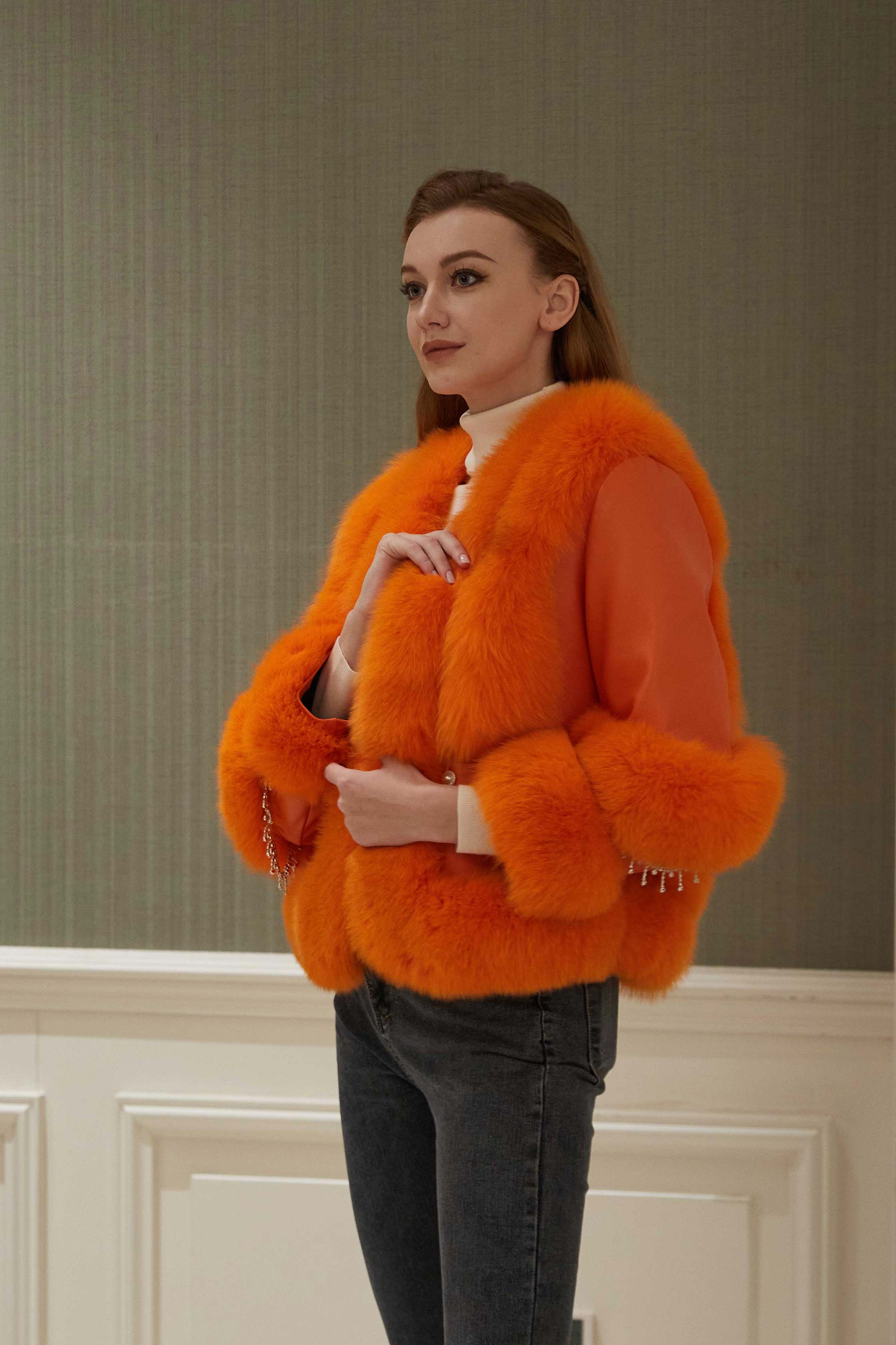 Women's Fox Fur Placket Down Jacket With Pearl Embellished Pockets - Janefur