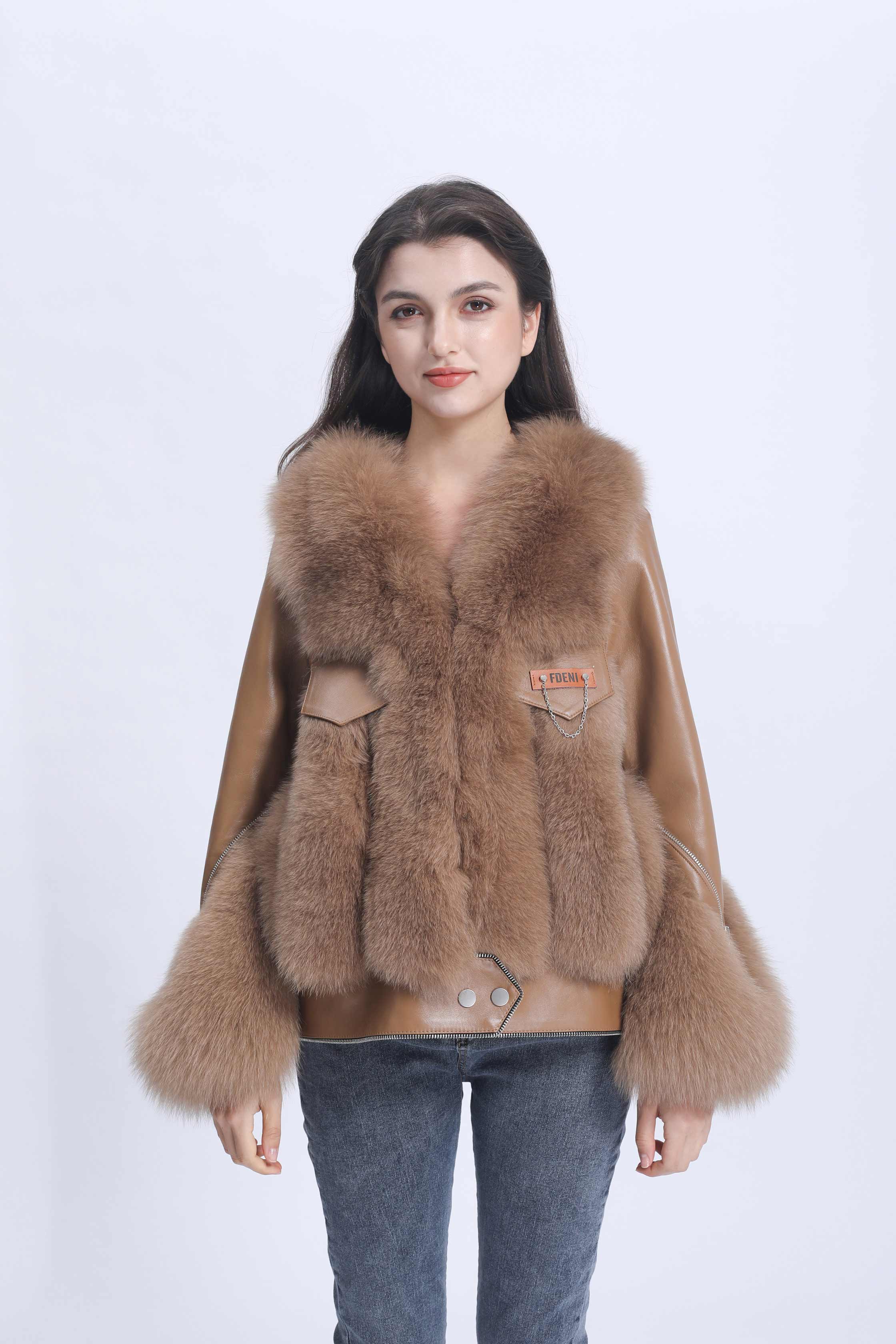Fashion Design Zipper Women's Real Fox Fur Spliced Sheepskin Luxury Coat - Janefur