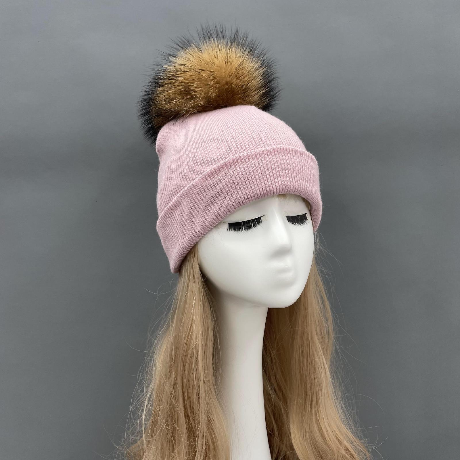 Solid Color Acrylic Knitted Hat with Single Fur Pom Pom Women's Knit Cap - Janefur
