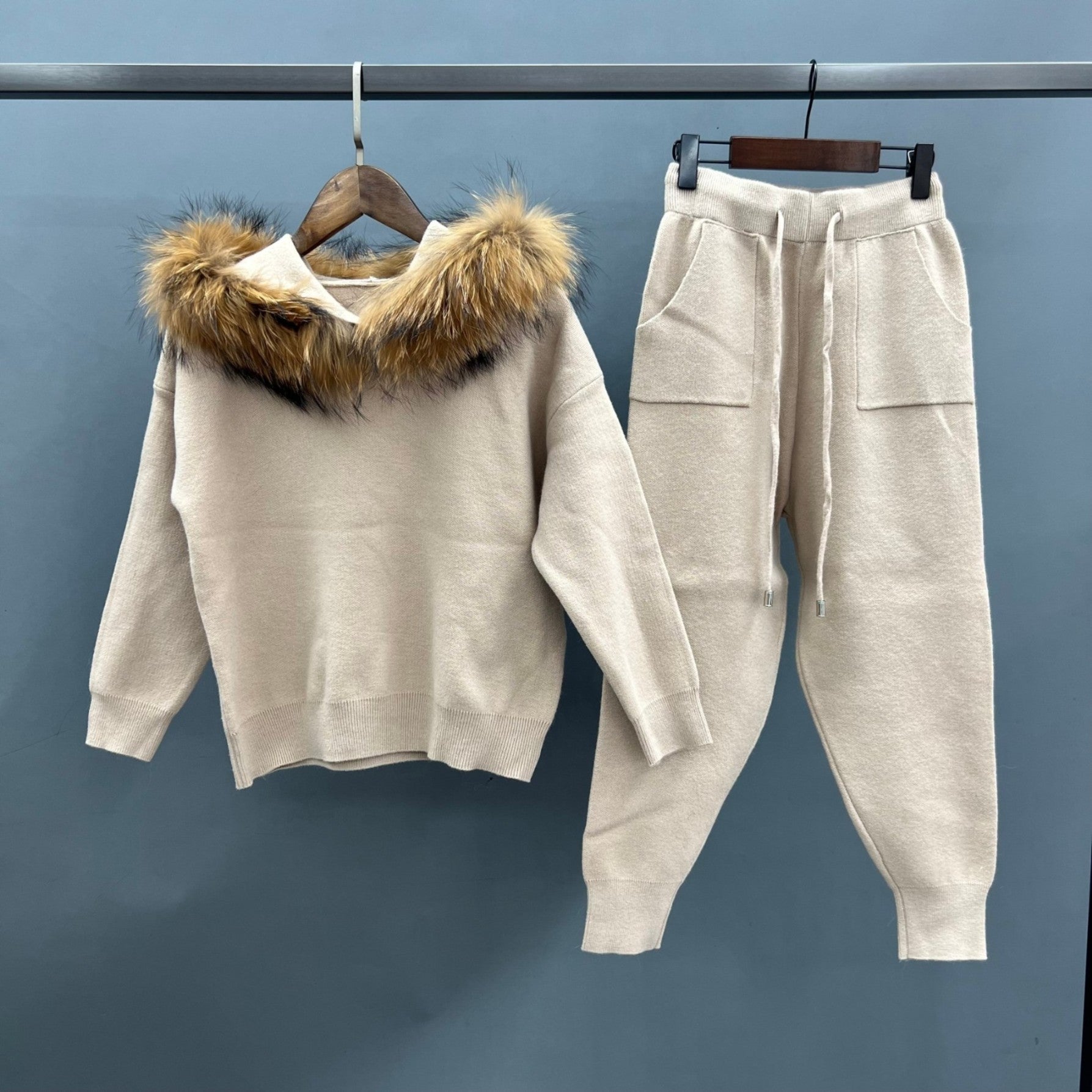 Children's Suit Fall and Winter Fur Collar Hooded Knit Sweatshirt Set - Janefur
