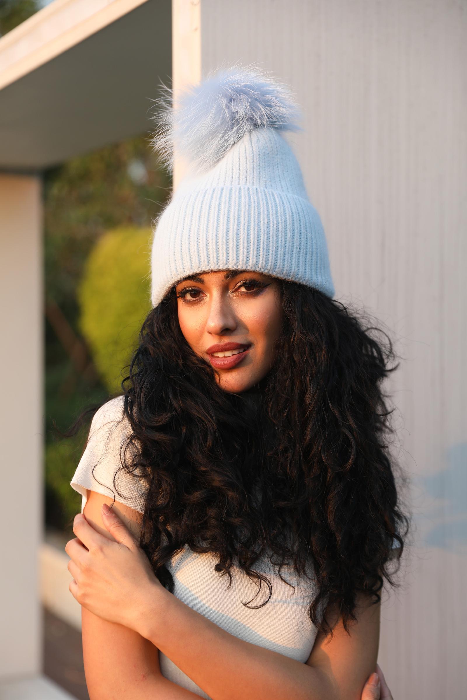 Women's Fashion Thin Striped Rabbit Fur Pom Pom Hat - Janefur