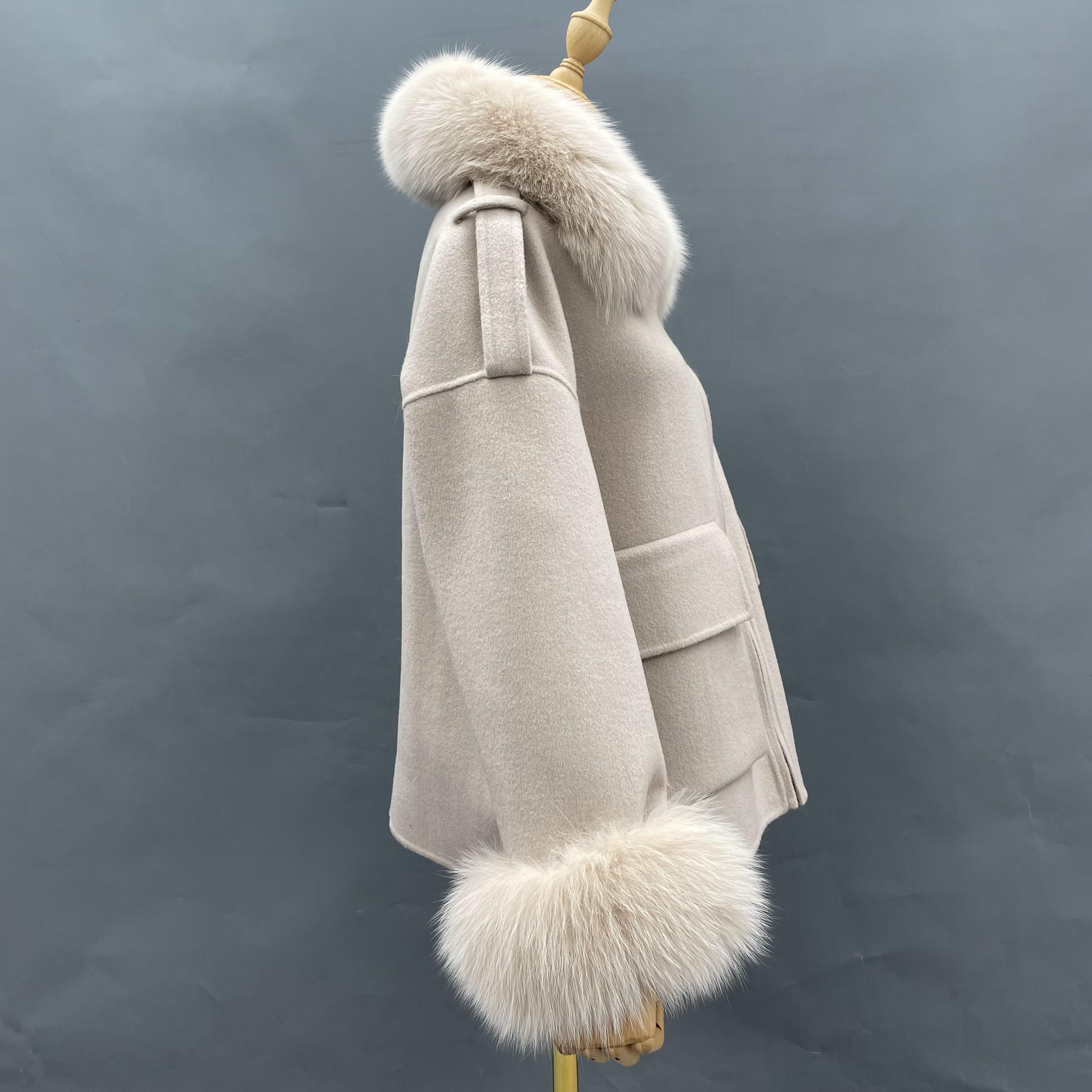 Big Pocket Lapel Fox Fur Cashmere Zipped Jacket - Janefur