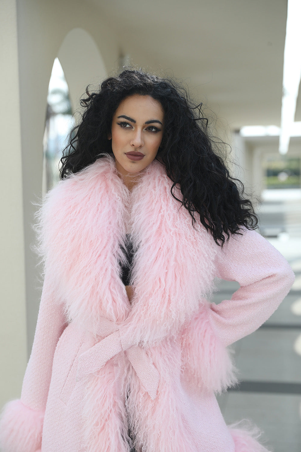 Janefur Wholesale Long Mongolian Lamb Fur Womens Fashion Lace Up Fur Coat - Janefur