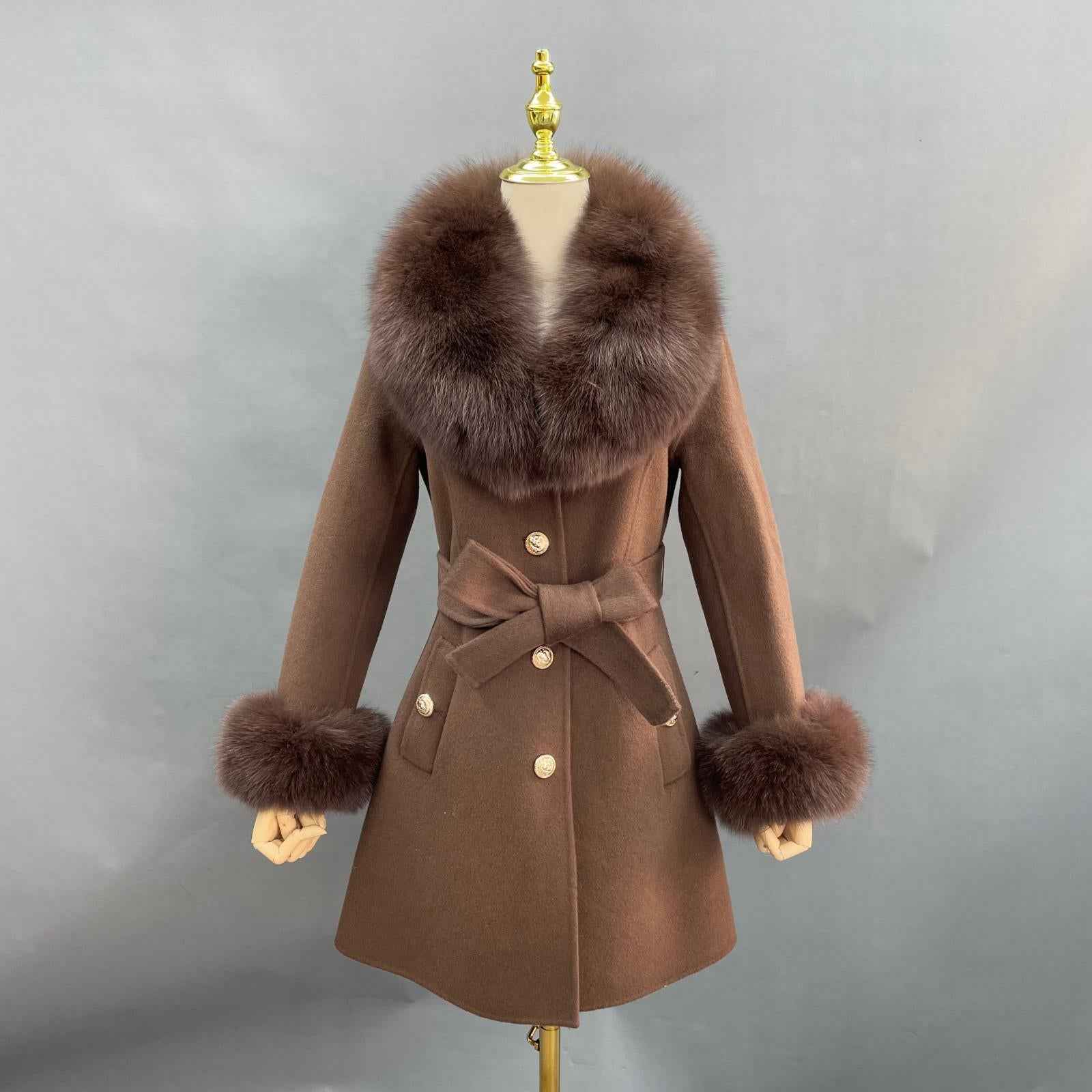 Double-Faced Fleece Coat for Women Elegant Notched Lapel Belted Double-Faced Wool Outer Jacket - Janefur