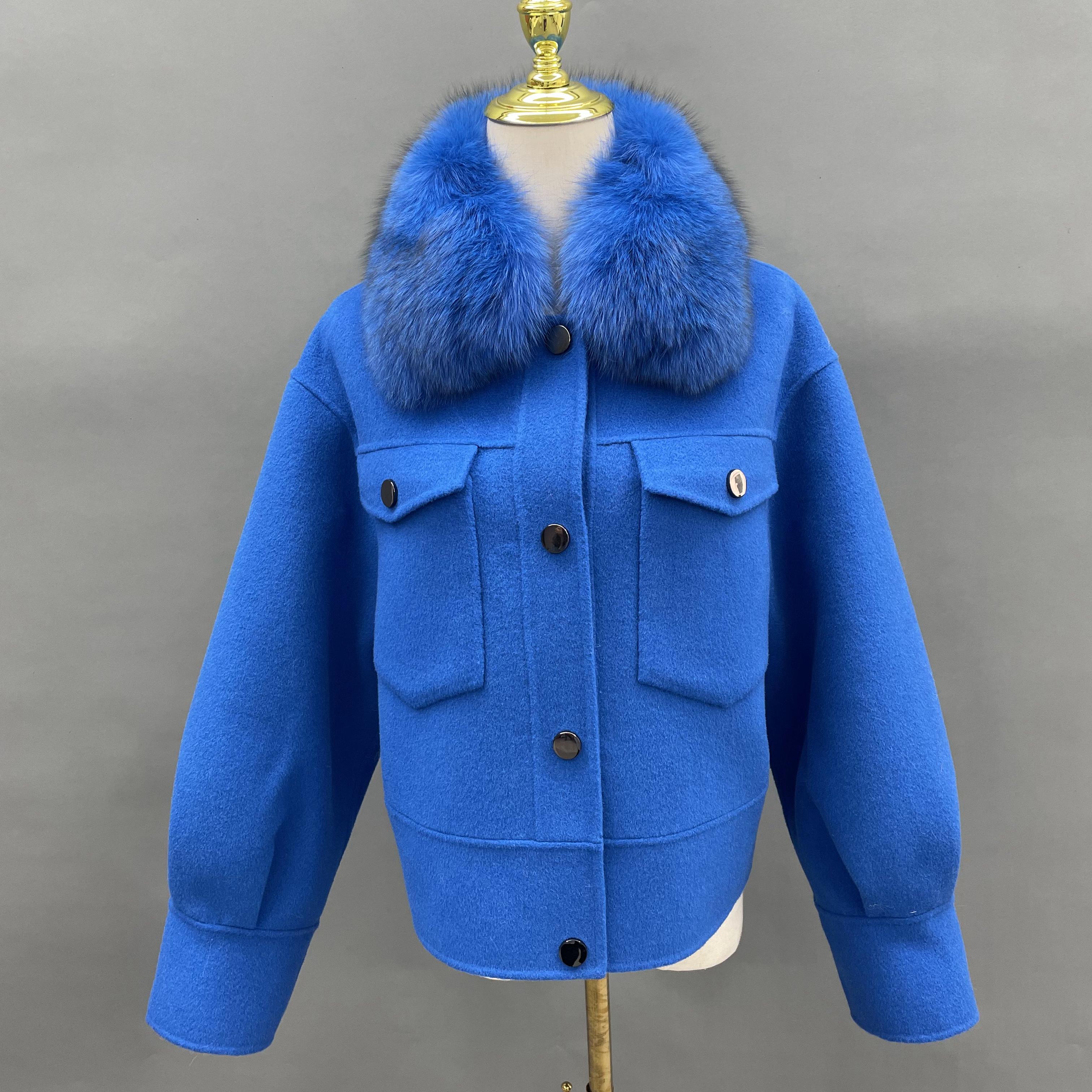 Women's Short Fox Fur Lapel Buckle Fly Casual Cashmere Jacket - Janefur