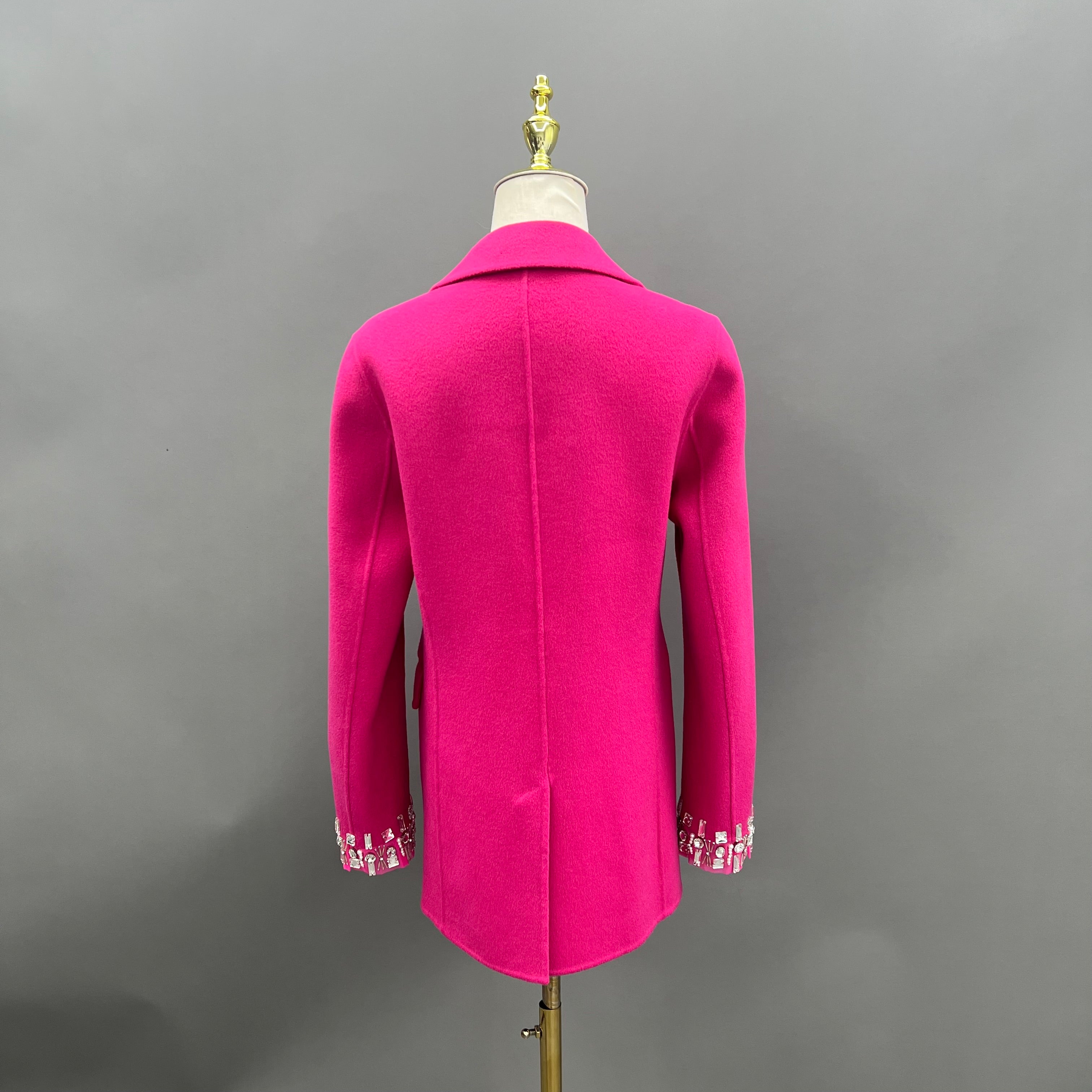 Tailored Double-Faced Wool Blazer with Rhinestone Cuff Embellishments – Hot Pink Statement Coat for Women - Janefur