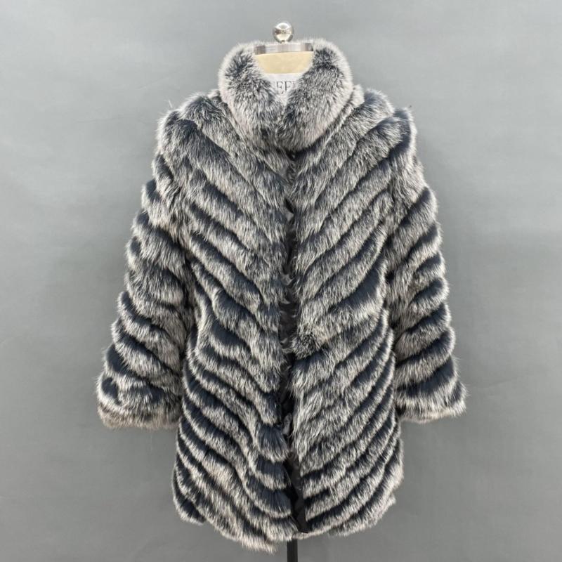 Reversible Long Jacket With Fox Fur And Diagonal Stripes - Janefur