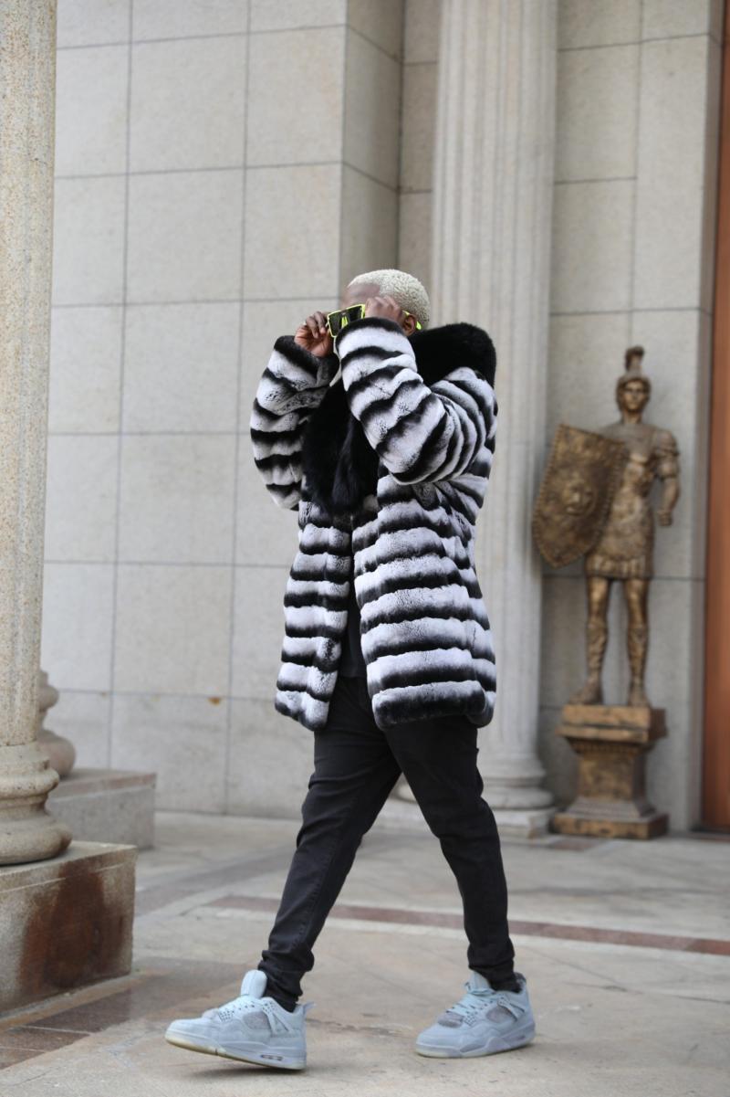 Men's Matching Color Large Fur Collar Rabbit Fur Coat - Janefur