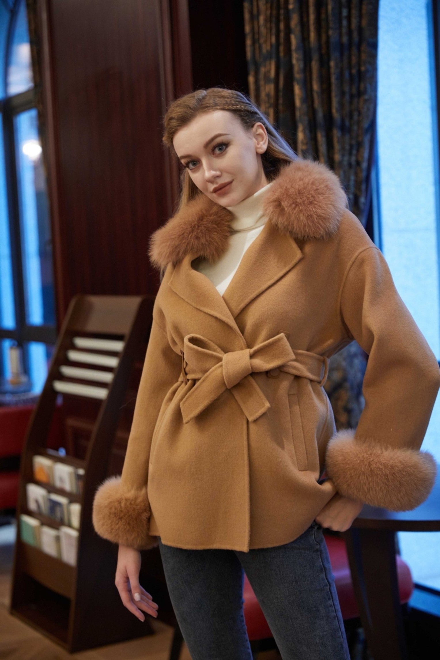 Trendy New Style Fox Fur Collar Short Cashmere Coat For Women - Janefur