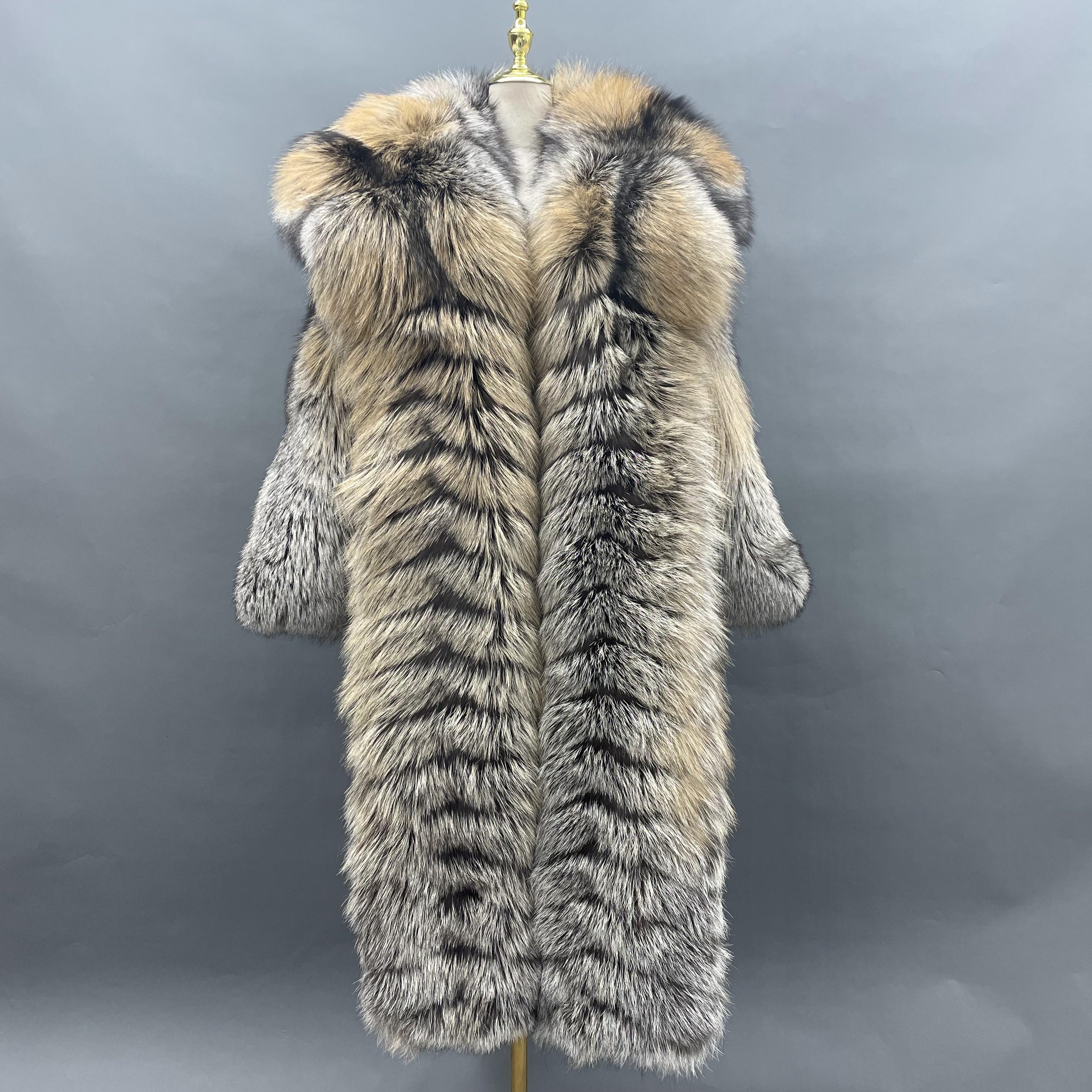 Men's Long Coat with a Golden Island Fox Fur Collar and Buttoned Front - Janefur