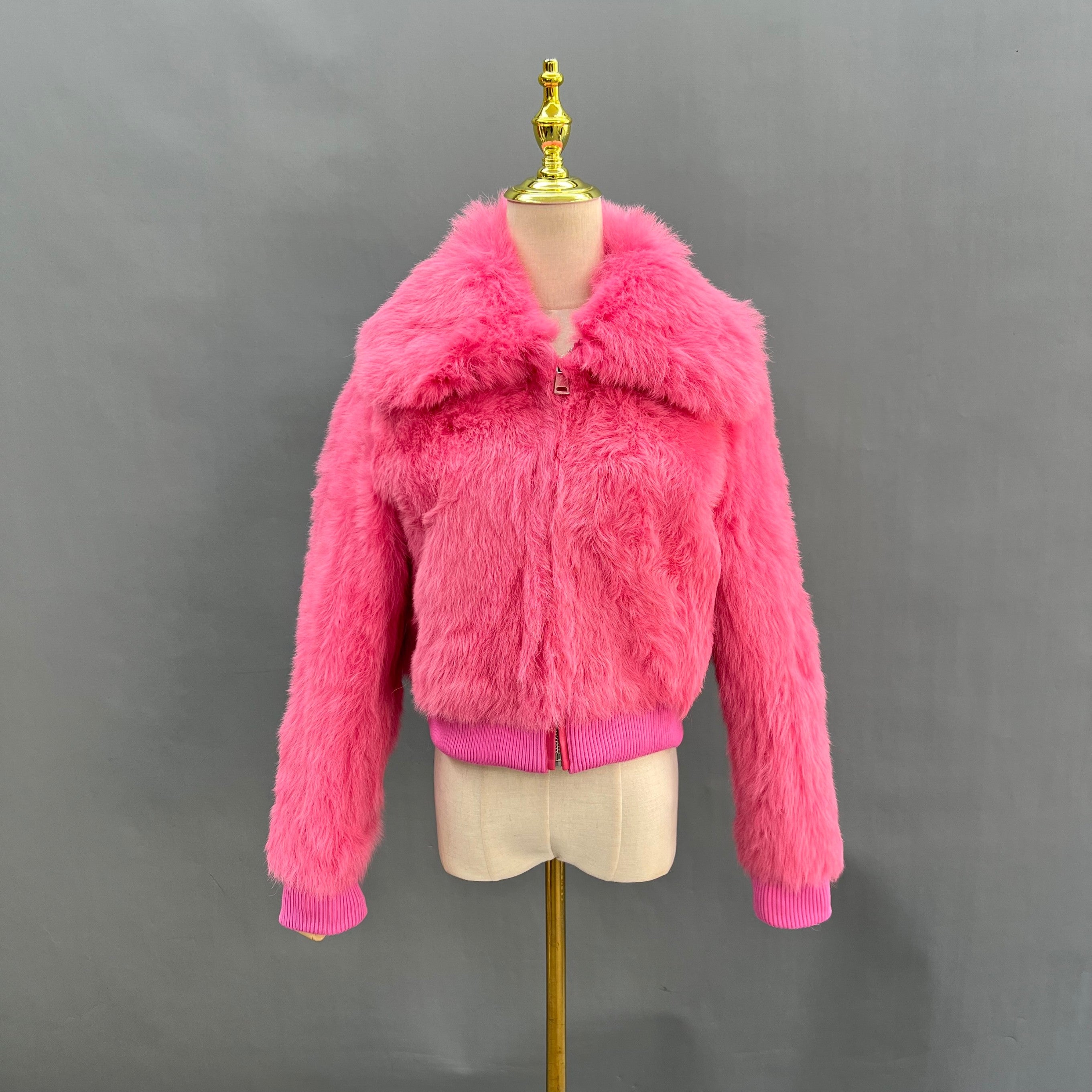 Short Leather and Fur Women's Winter Pink Coat - Janefur