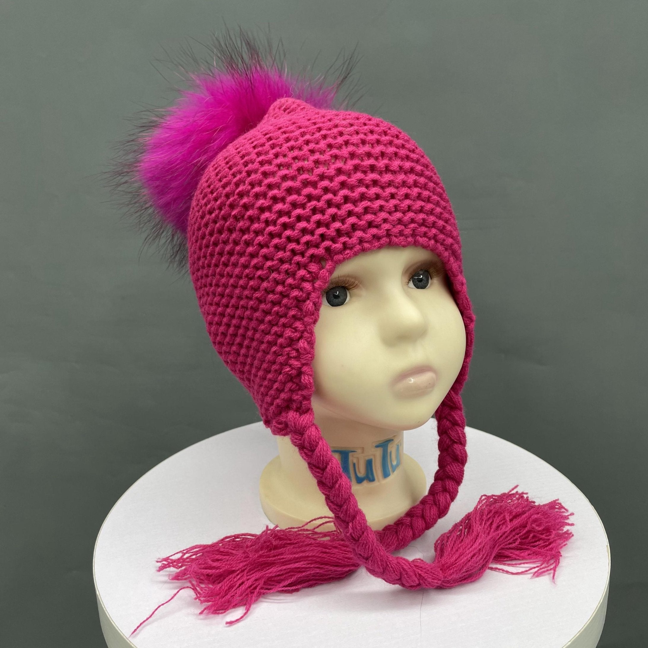 Children's Fashion Knitted Big Braid Raccoon Fur Pom Pom Hat - Janefur