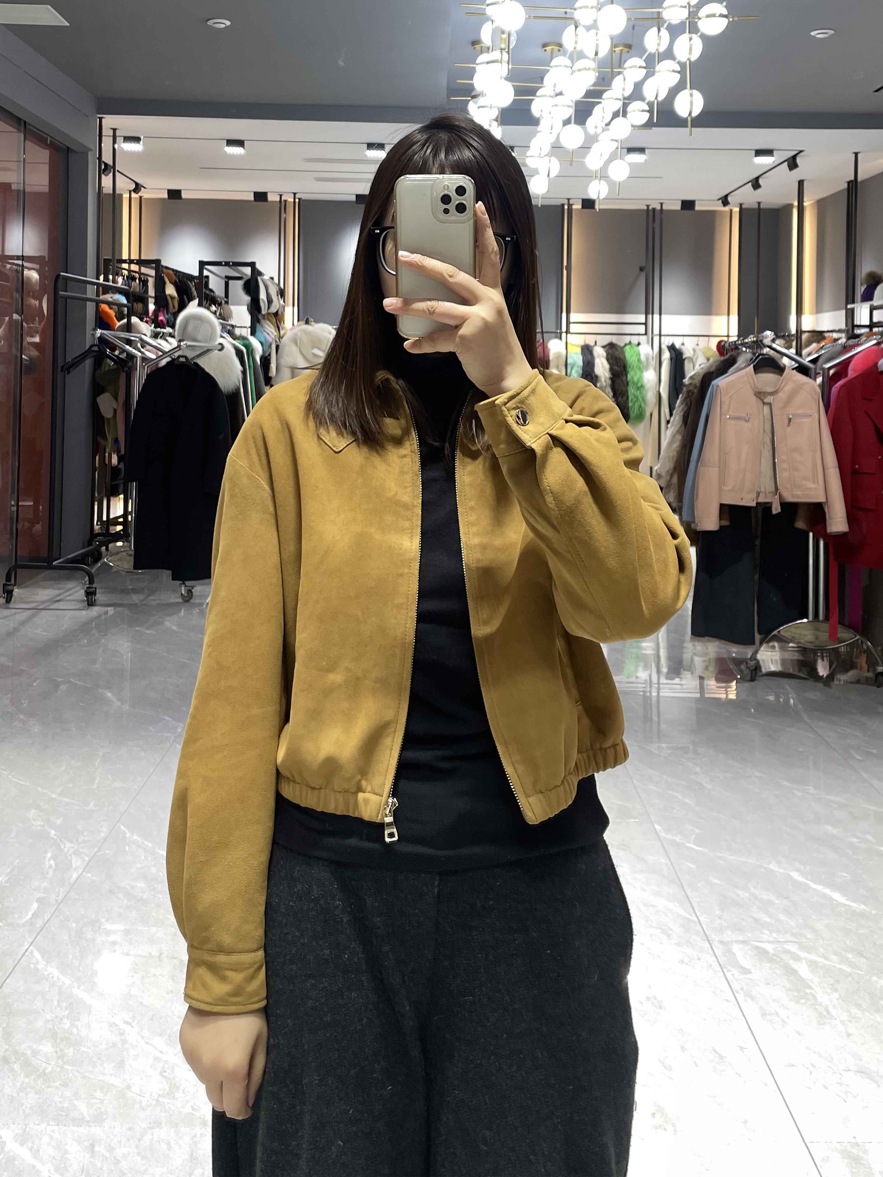 Suede Bomber Jacket with Zip Closure - Janefur