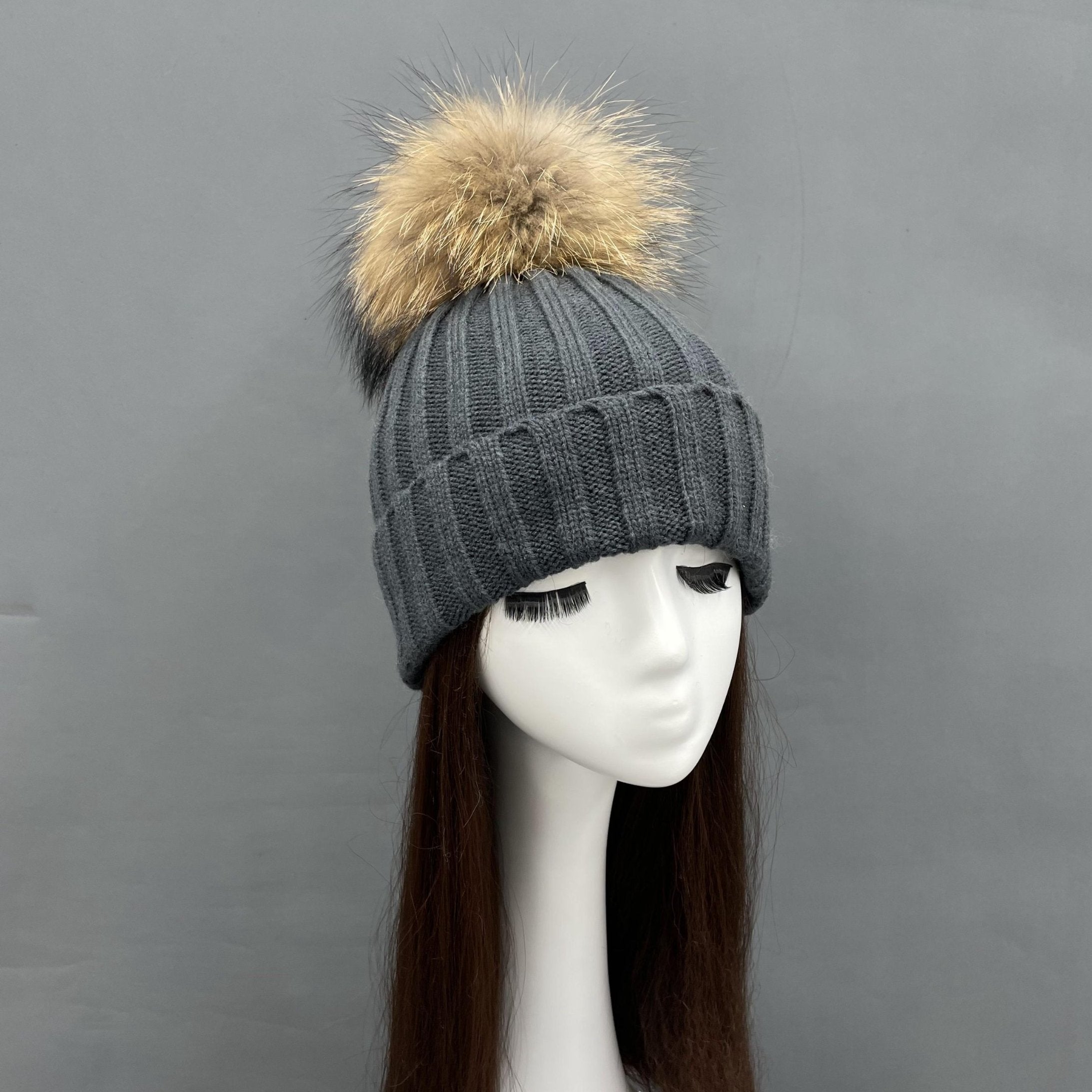 New Fall And Winter Striped With Fur Pom Pom Acrylic Hat - Janefur