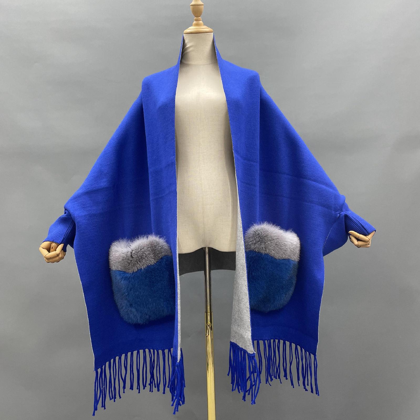 Women's Shawl Cape with Pockets Fur Contrast Ribbed Cuffs Fashionable Soft Sleeved New Cape - Janefur