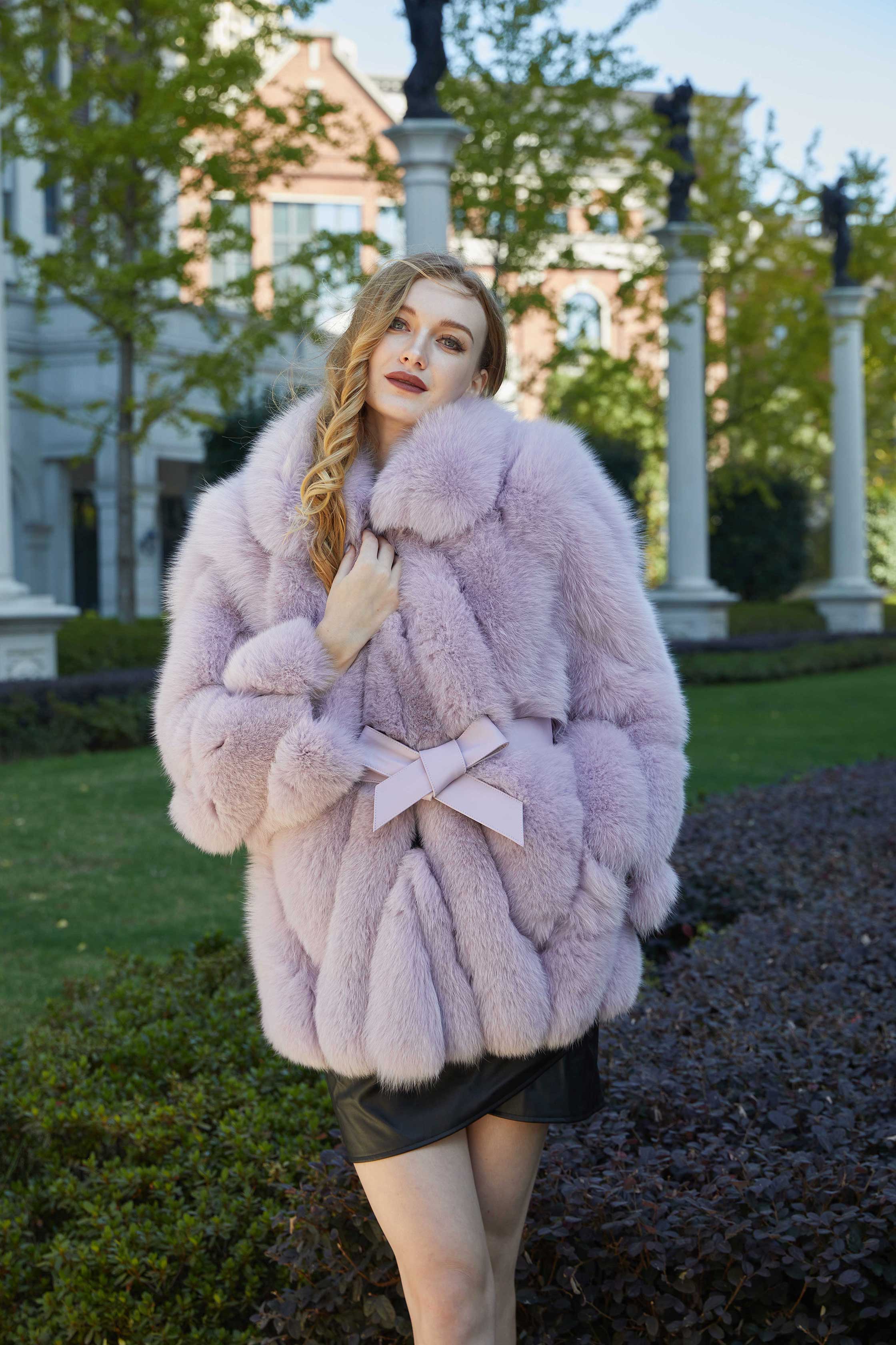 Lapel Genuine Fox Fur Womens Coat Leather Belt Style Fur Coat - Janefur