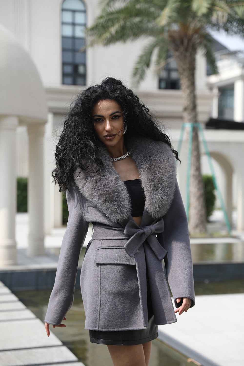 Janefur Womens Fashion Cashmere Coat Waisted Shoulder Design Fox Fur Collar Wool Coat - Janefur