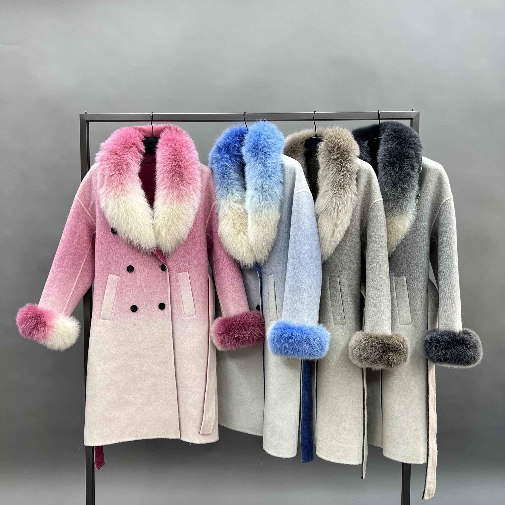 Janefur Trendy Gradient Color Real Fox Fur Collar Long Cashmere Coat for Women - Janefur