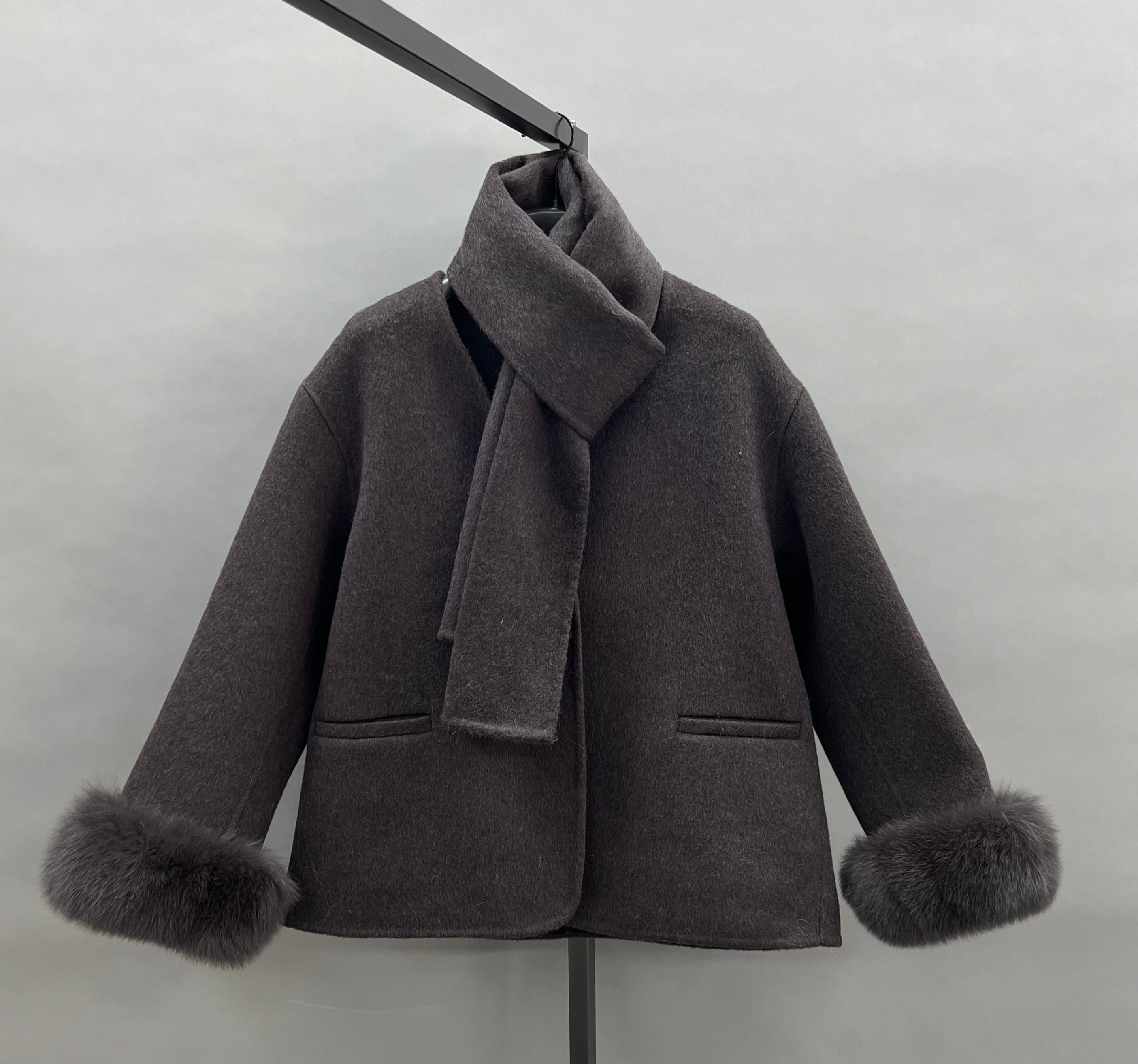New Women’s Double-Faced Wool Coat with Scarf and Real Fox Fur Cuffs – Short Winter Jacket - Janefur