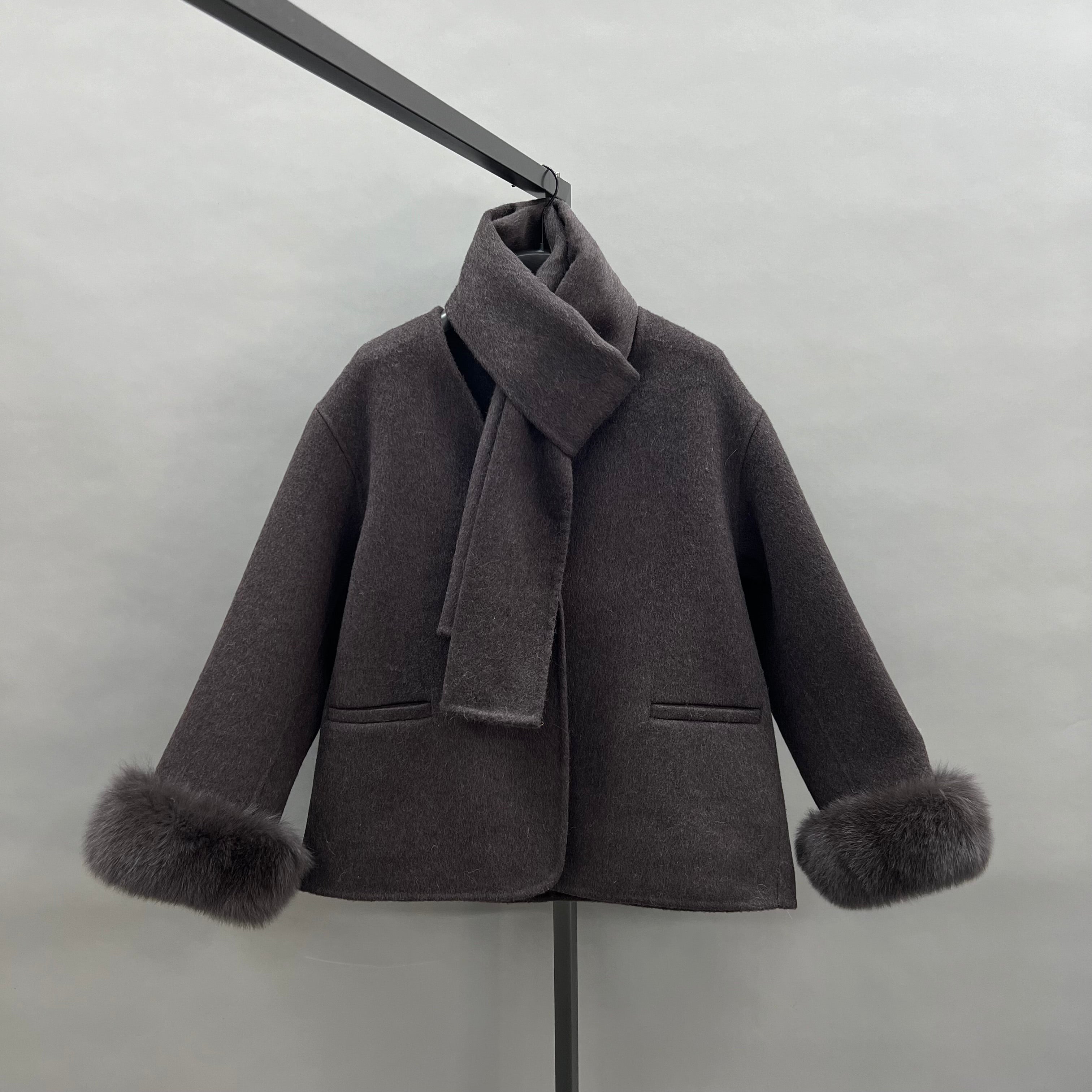 New Women’s Double-Faced Wool Coat with Scarf and Real Fox Fur Cuffs – Short Winter Jacket - Janefur