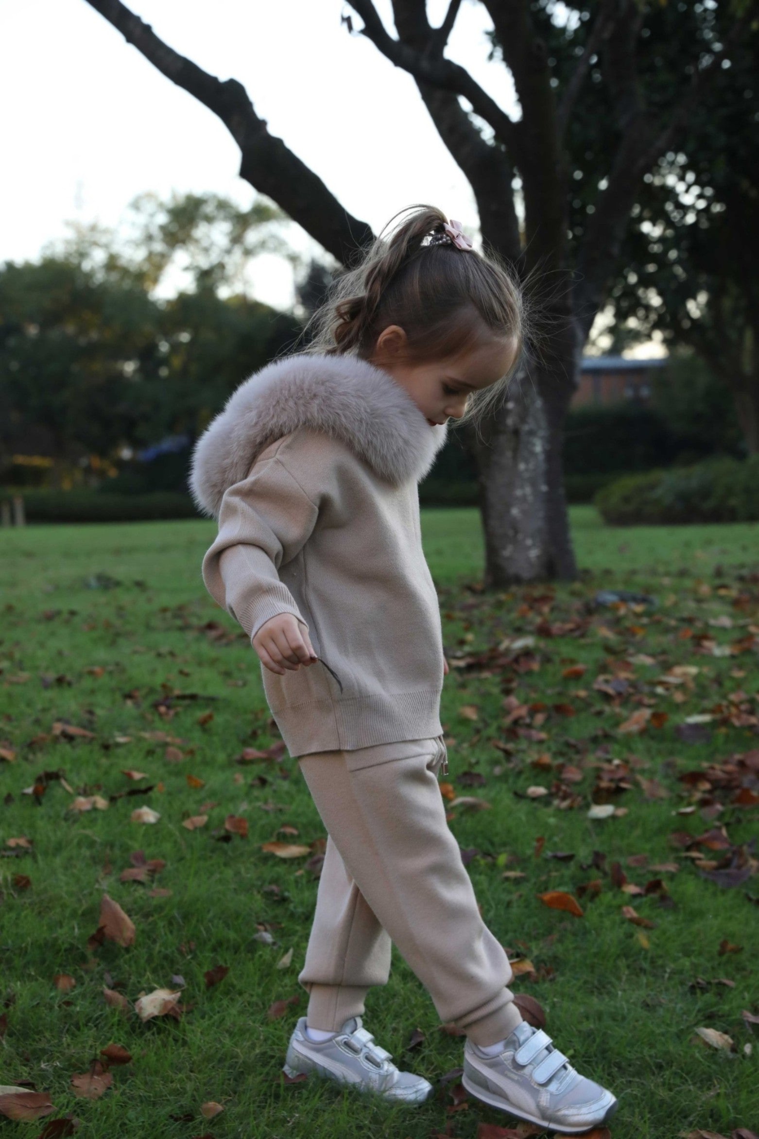 Children's Suit Fall and Winter Fur Collar Hooded Knit Sweatshirt Set - Janefur