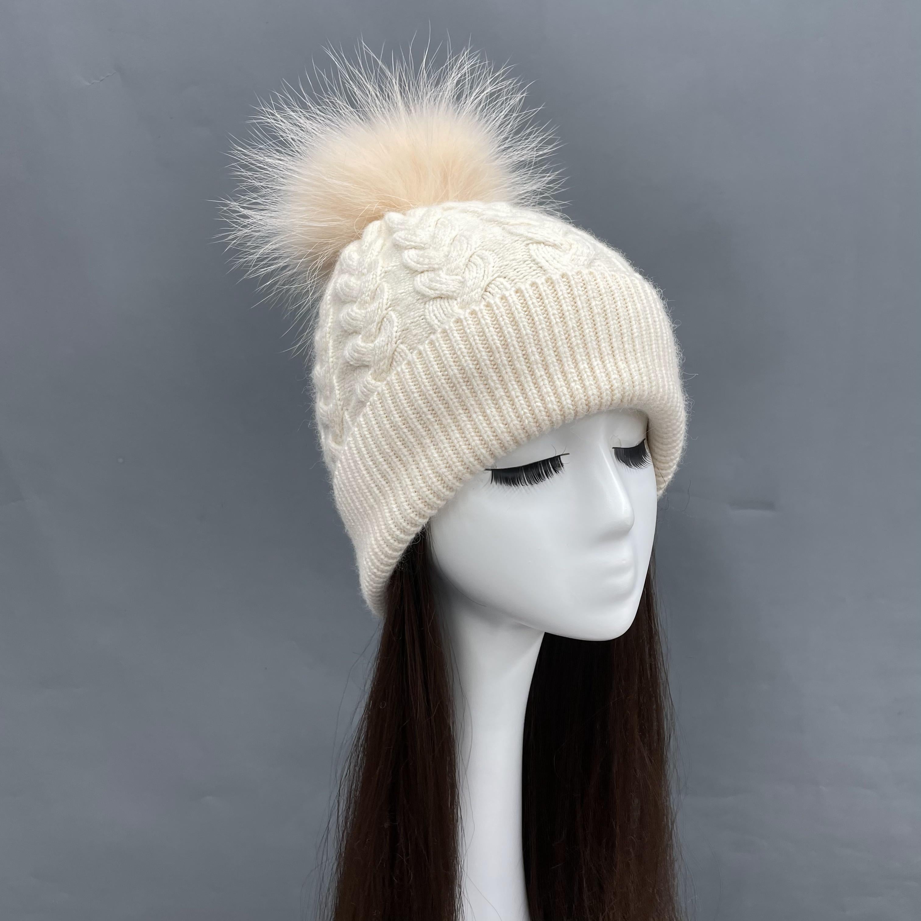 Ladies Beanie Hat Angora Knitted Raccoon Fur Pom Pom Warm Hat - Janefur