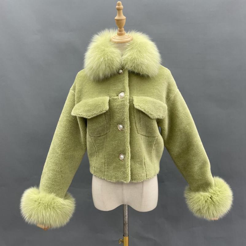 Pearl Button Lapel Shearling Short Jacket - Janefur
