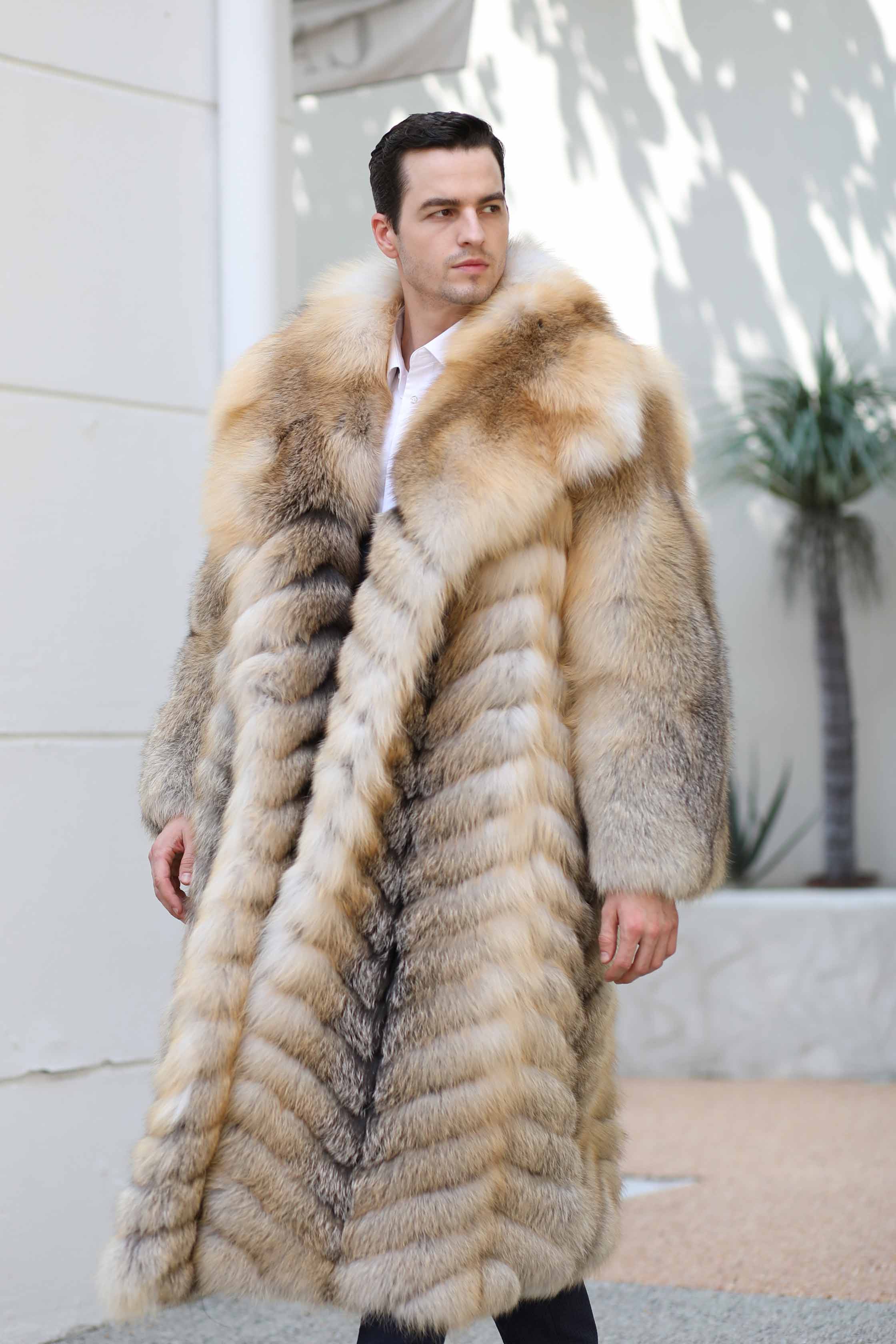 Men's Long Golden Island Fox Luxury Fox Fur Real Fur Winter Coat - Janefur