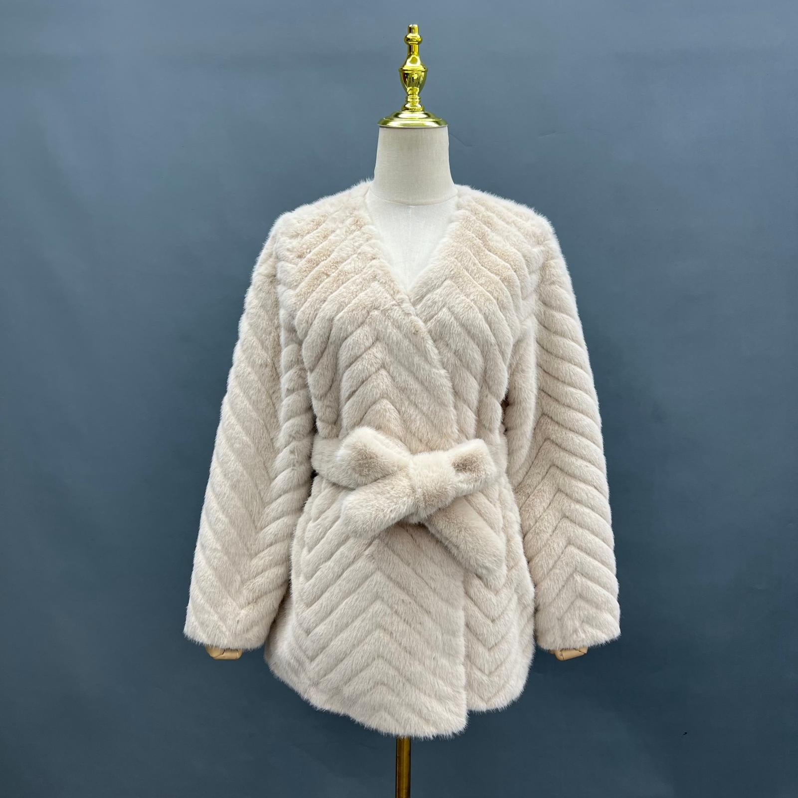 New Women's Winter Diagonal Stripe Waistband Faux Mink Warm Coat - Janefur