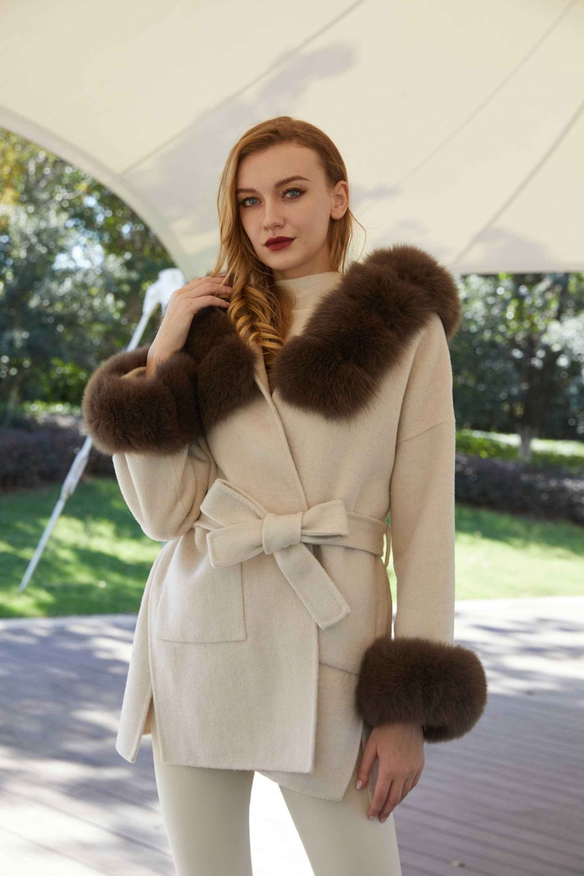 Women's Segmented Fur Collar Hooded Double Sided Cashmere Cuffs with Fur Collar Coat - Janefur