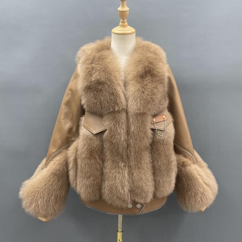 Fashion Design Zipper Women's Real Fox Fur Spliced Sheepskin Luxury Coat - Janefur