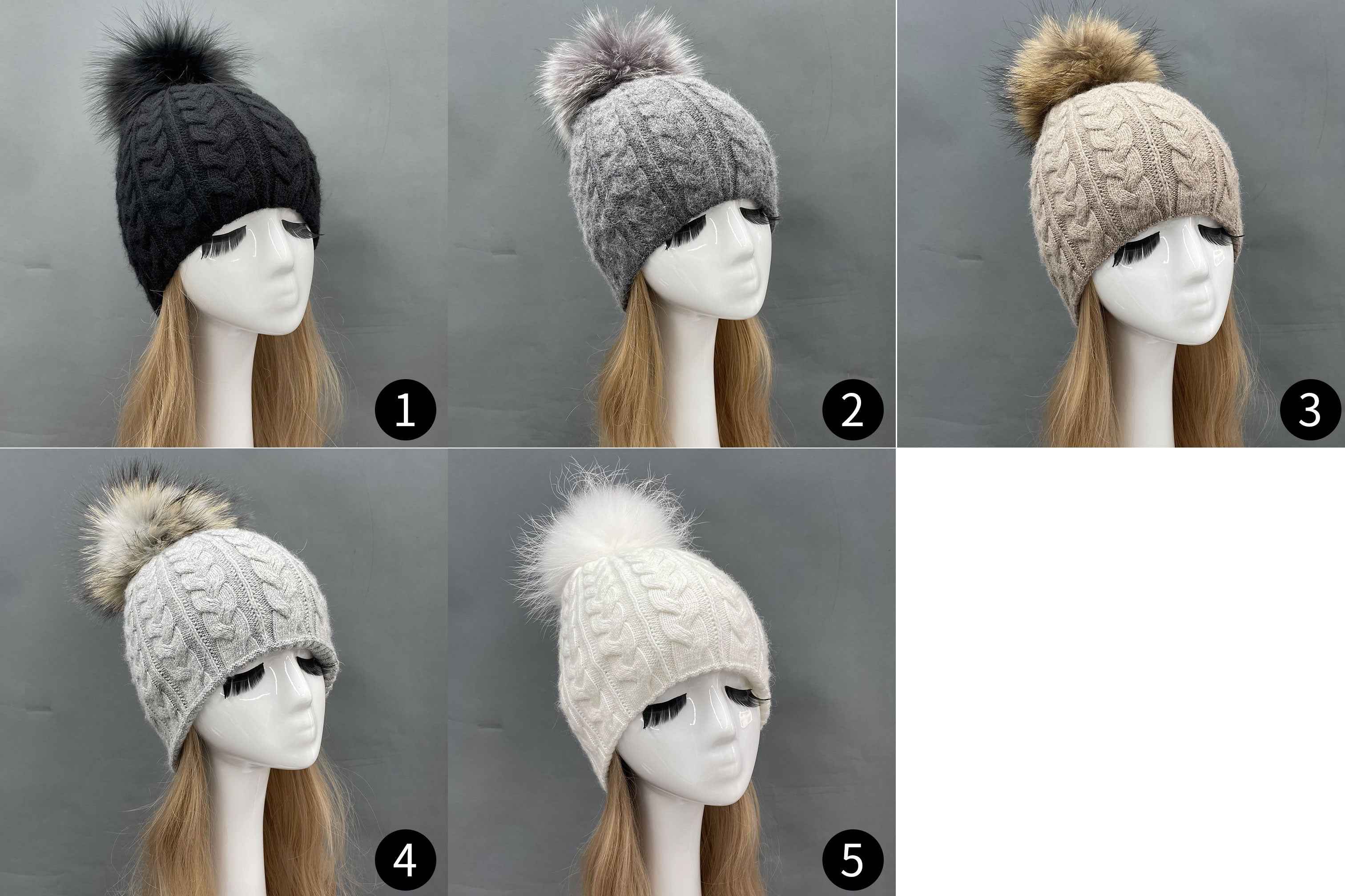 Women's Black Cable Knit Beanie with Real Raccoon Fur Pom-Pom – Soft Rabbit Blend Winter Hat for Women